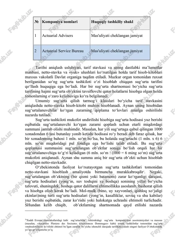 vri davomida xabar qilingan, ammo sug‘urta qoplamasi amalga oshirilmagan zarar sug‘urta tashkiloti faoliyatining moliyaviy ko‘rsatkichlariga ham sezilarli ta’sir etadi. sug‘urta tarifining risk yuz berishi ehtimoliga nisbatan yuqori darajada ko‘rsatilishi bir tomondan, mijoz bilan sug‘urta shartnomasi tuzilmay qolishiga sabab bo‘lsa, ikkinchi tomondan, sug‘urtachining sug‘urta bozoridagi raqobatbardoshligiga ham salbiy ta’sir etadi. va, aksincha, tarif stavkasining past darajada belgilanishi sug‘urtachi mablag‘larining taqchilligini keltirib chiqarishi oqibatida, sug‘urtalanuvchi ko‘rgan zararning sug‘urta qoplamasi amalga oshirilmay qolinishiga olib kelishi mumkin, ammo, bunday holat amaliyotda deyarli uchramaydi. 2. sug‘urta tarif stavkasining tuzilishi va tarkibi. brutto va netto-stavkani hisoblashning o‘ziga xos xususiyatlari va umumiy tamoyillari. 2. sug‘urta mukofotlarining stavkalari tarif davri uchun hisoblab chiqiladi, ya’ni tarif hisoblari asosida belgilangan davr uchun ekvivalentlik ta’minlanadi. shunday qilib, har qanday sug‘urta turi bo‘yicha tarif stavkasi brutto-stavka sifatida qaraladi va u ikki qismdan: netto-stavka (sug‘urta qoplamasi to‘lovlari uchun zaxira summasi) va sug‘urtachining faoliyat yuritish xarajatlaridan (odatda u «yuk» deb ataladi) iborat bo‘ladi. brutto-stavkada …