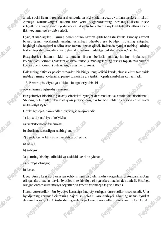 byudjet ijrosi jarayoning xususiyatli tomonlarini ochib beradi hamda har bir hisob o‘z usullariga ega. ammo, barcha hisoblarning maqsadi barcha darajadagi byudjetlarning ijrosi nazoratini amalga oshiradi. byudjet hisobi barcha darajadagi byudjet mablag‘lari, byudjet ijrosi jarayonini kuzatish, ularni hisobga olish va ma'lumotlarni umumlashtirish maqsadida quyidagi maxsus usullardan foydalaniladi: • hujjatlashtirish va inventarizatsiya; • baholash; • ikki yoqlama yozuv va schyotlar; • balans va hisobot. hujjatlashtirish - bu byudjet mablag‘lari harakatini hisobga oluvchi va rasmiylashtiruvchi jarayondir. buxgalteriya hisobida qayd qilingan har qanday mablag‘lar o‘zgarishi hujjat bilan rasmiylashtirilgan bo‘lishi va unga qo‘yiladigan huquqiy talablarga javob bera oladigan bo‘lishi kerak. inventarizatsiya - muassasa va tashkilotlarning mablag‘larini, ularning holatini nazorat qilish tegishli moddiy javobgar shaxslar zimmasida bo‘ladi. har bir javobgar shaxs o‘ziga biriktirilgan mablag‘lar hisobi bo‘yicha belgilangan muddatlarda hisobot beradilar. moddiy javobgar shaxslar zimmasidagi tovar va moddiy boyliklarning haqiqiy qoldig‘ini sanab, o‘lchab, pul ifodasida ko‘rsatib, buxgalteriya hisobi ma'lumotlari bilan taqqoslab, o‘rtadagi kamomad yoki ortiq chiqish hollarini …