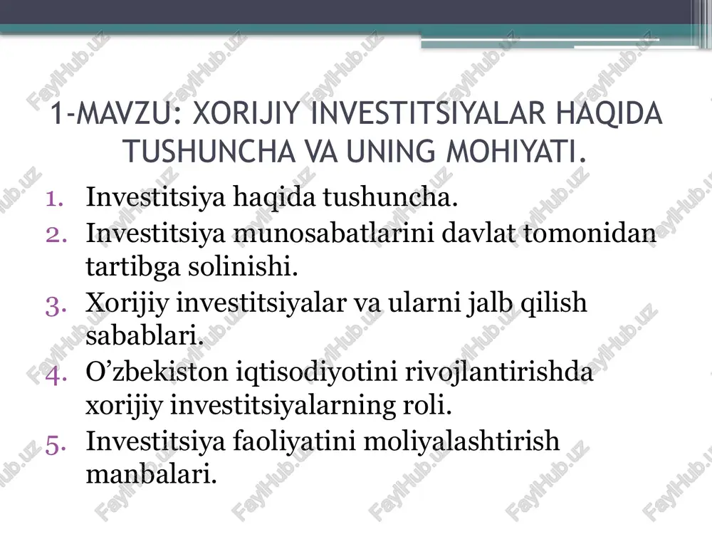 ichki bozor sig’imi; tovarlarni tashqi bozorda sotish imkoniyatlari; kredit tizimi holati; soliqqa tortish darajasi; ijtimoiy infratuzilmaning rivojlanganligi; xorijiy kapitalga nisbatan davlat siyosati. o`zbekiston respublikasida chet el investitsiyalarini tartibga solish va jalb etish bilan shug’ullanadigan rasmiy muassasalar vazirlar mahkamasining tashqi iqtisodiy faoliyatni muvofiqlashtirish departamenti tashqi iqtisodiy aloqalar, investitsiyalar va savdo vazirligi moliya vazirligi 4. tashqi ishlar vazirligi 5. ichki ishlar vazirligi 6. markaziy bank 7. tashqi iqtisodiy faoliyat milliy banki davlat xorijiy investitsiyalarni tartibga solishning quyidagi usullaridan foydalanadi: moliyaviy: nomoliyaviy: jadallashtirilgan amortizatsiya; soliq imtiyozlari; subsidiyalar, qarzlar berish; kreditlarni sug’urtalash va kafolatlash; er uchastkalari ajratish; zaruriy infrastruktura bilan ta`minlash; texnik yordam ko`rsatish. oxirgi ma’lumotlar investitsiya jarayonlarini kuchaytirishga qaratilgan chora-tadbirlar natijasida 2017 yilda investitsiya hajmi sezilarli darajada ortdi. iqtisodiyotni rivojlantirish uchun barcha moliyaviy manbalar hisobidan 4,505 milliard aqsh dollari miqdorida investitsiya jalb etiladi. 2016-yil yakunlari bo‘yicha o‘zbekistonga jalb etilgan xorijiy investitsiyalar va kreditlar hajmi 11,3 foizga ko‘paydi va 3, 7 milliard dollardan oshdi. …