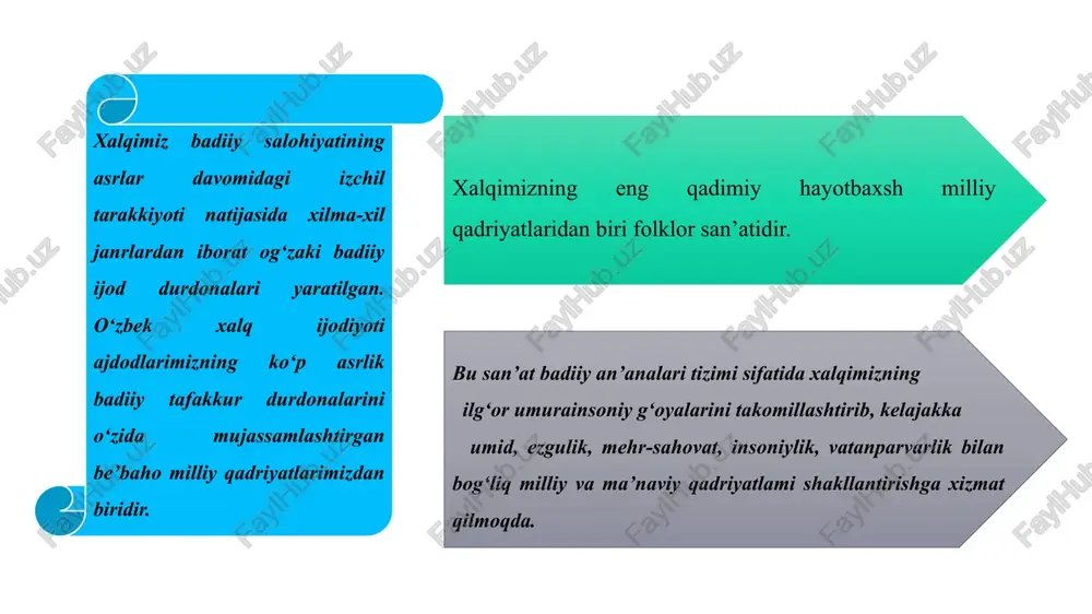 ahosini olish bilan birga xalqimiz qadrlovchi, sevib tantana qiluvchi xalq bayramiga aylandi. navro‘zning qadimiy mazmuni va shakli endilikda yanada boyidi. navro‘zning timsollaridan bo‘lmish sumalak taomi ham ushbu bayramning asosiy bezagiga aylandi. endilikda dunyoning qaysi bir burchagiga bormang o‘zbek navro‘zi o‘zining sumalagi bilan birgalikda tushuniladi, qabul qilinadi. xalq ijodida xalqning turmush tarzi, ijtimoiy va maishiy hayoti, mehnat faoliyati, tabiat va jamiyatga qarashlari, ishonchlari, e’tiqodiy va diniy tasavvurlari, inson va olamga nisbatan his-tuyg‘ulari, badiiy olami, bilim daraja- si, baxtli va adolatli zamon haqidagi o‘y-fikrlari o‘z ifodasi- ni topgan. jamiyat taraqqiyoti va mehnat taqsimotining kuchaya borishi bilan xalq ijodi turlari va janrlariga nisbatan ayrim iste’dodli shaxslarning ixtisoslashuvi osha borgan. xalq og‘zaki ijodi deb atalgan adabiyot yozma adabiyotdan bir necha xususiyatlar bilan farqlanadi. bu xususiyatlar quyidagilardan iborat: a) an’anaviylik; b) og‘zakilik va improvizatorlik; c) jamoalik va ommaviylik; d) variantlilik va versiyalik; e) anonimlik. xalq og‘zaki ijodining o‘ziga xos xususiyatlari tabiatda tomchilardan jilg‘alar, jilg‘alardan daryolar …