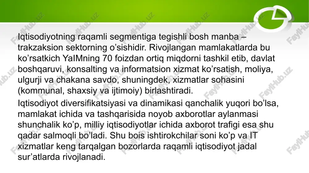 va iste’molchisidir. masalan, xitoy bu maqsadlar uchun 9 mlrd dollar atrofida mablag’ sarflagan. bozor kapitalizatsiyasi 210 mlrd dollardan ziyod bo’lgan alibaba internet resursi ushbu sarmoyalarning to’g’ri yo’naltirilganini isbotladi. raqamlashtirishdan maksimal foyda olishni istagan davlat, zaruriy yuqori texnologik maxsulotlarning bozorini yaratishi va uni qo’llab-quvvatlashi lozimdir. shu bilan birga, parallel tarzda davlat boshqaruvi, muhim sohalar va korxonalar uchun xususiy ilovalarni rivojlantirgan holda, elektron iqtisodiyotning asosiy platformalarini nazorat qiluvchi instrumentlarni o’z izmida saqlab qolish ham muhim hisoblanadi. raqamli sohaning yana bir nozik jihati shundaki, murakkab raqamli tizimlarni ishlab chiqish va ularni amalda qo’llash jiddiy va mufassal yondashuvni talab qiladi. sizga noodatiy tuyulishi mumkin, biroq ko’pincha dasturlash (o’zicha) aslida yetarli darajada texnologik hodisa emasdir. binobarin, sizning vazifalaringizni hal qiluvchi dasturchi ko’p jihatlarda vazifani qanday anglashiga qarab harakat qiladi. aksariyat axamiyatli yechimlar bu jarayonda izohsiz qoldiriladi, chunki har qaysi taraf ularni o’z-o’zidan tushunarli deb hisoblaydi. raqamli iqtisodiyotni rivojlantirishdagi eng muhim jihat va bir vaqtning o’zida …