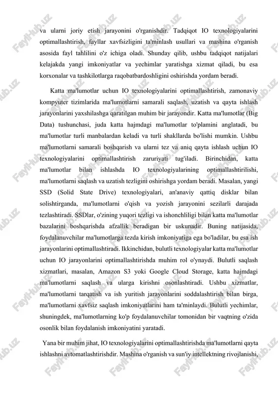 ik ravishda amalga oshiriladi, bu esa inson xatolarini kamaytiradi va jarayonlarni tezlashtiradi. bunday texnologiyalar, katta hajmdagi ma'lumotlarni tez va samarali tahlil qilish imkoniyatini yaratadi, bu esa korxonalarga tezda qarorlar qabul qilishda yordam beradi. fayllar xavfsizligini ta'minlash usullari zamonaviy ma'lumotlar boshqaruvi va it infratuzilmasida muhim ahamiyatga ega. hozirgi kunda ma'lumotlar xavfsizligi muammolari nafaqat texnologik jihatdan, balki huquqiy va axborot xavfsizligi nuqtai nazaridan ham ko'rib chiqilishi lozim. fayllar xavfsizligini ta'minlashda bir qancha usullar mavjud bo'lib, ulardan eng asosiylari shifrlash, autentifikatsiya va ma'lumotlarni zaxiralash jarayonlaridir. shifrlash usuli fayllarni saqlash va uzatish jarayonida ma'lumotlarni himoya qilishda qo'llaniladi. shifrlash jarayoni, ma'lumotlar faqat ma'lum kalit yordamida o'qilishi mumkin bo'lgan kodlangan shaklga o'zgartiriladi. bu esa ma'lumotlarni o'g'irlanish va noqonuniy kirishdan himoya qiladi. zamonaviy shifrlash standartlari, masalan, aes (advanced encryption standard) va rsa (rivestshamir-adleman) kabi algoritmlar keng qo'llanilmoqda. ushbu algoritmlar o'zining kuchli xavfsizlik darajasi va tezligi bilan ajralib turadi. autentifikatsiya usuli esa foydalanuvchilarning kirish huquqlarini tekshirish va belgilash …