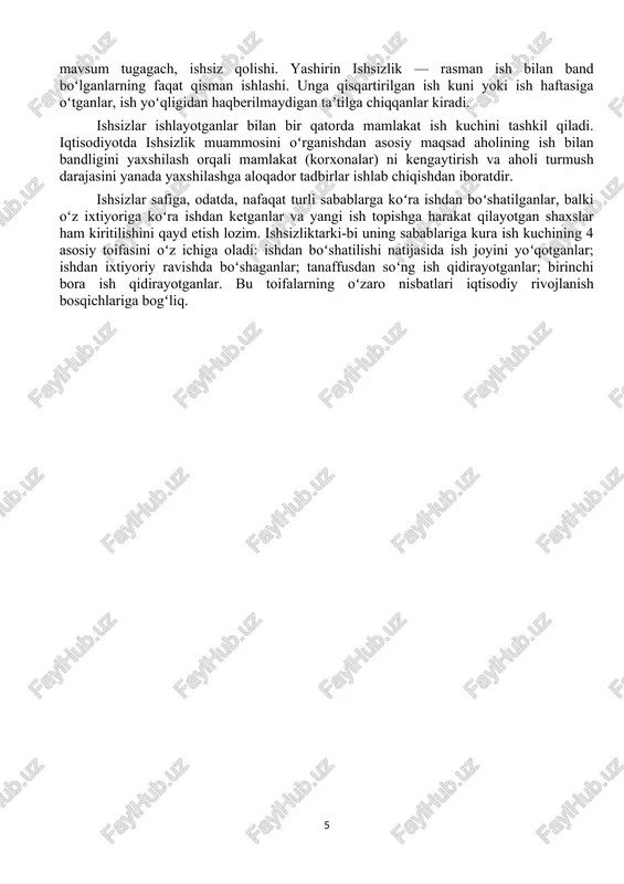 boʻlishi; fuqarolarning shaxsiy va ijtimoiy ehtiyojlarini qondirish bilan bogʻliq boʻlgan va qonunlarga zid kelmaydigan, mehnat daromadi beradigan faoliyati. bandlik xodimni ijtimoiy mehnat taqsimotiga asoslangan aniq mehnat kooperatsiyasiga jalb etish boʻyicha kishilararo munosabatlarni ifoda etadi. bandlik turli mulkchilik shakllaridagi korxonalar, tashkilotlar va muassasalarda yollanib ishlash bilan cheklanmay, ayni paytda tadbirkorlikni, oʻzini ish bilan mustaqil taʼminlash (oʻzicha bandlik)ni, shaxsiy tomorqa xoʻjaligidagi ishni, uy xoʻjaligida band boʻlish va bolalarni tarbiyalash bilan shugʻullanish, davlat va jamoat vazifalarini bajarishni, oʻrta maxsus va oliy oʻquv yurtlarida kunduzgi oʻqishni ham oʻz ichiga oladi. toʻliq va toʻliqsiz bandlik bandlik toʻliq va toʻliqsiz boʻlishi mumkin. toʻliq bandlik amalda mehnatga qobiliyatli aholining 90 — 92 % band boʻlishini nazarda tutadi. bozor sharoitlarida toʻliq bandlik jamiyat darajasida tabiiy ishsizlikning boʻlishini ham bildiradi. toʻliq boʻlmagan bandlik aksariyat hollarda yashirin koʻrinishga ega boʻlib, xodimlarni rasman band deb hisoblashni nazarda tutadi, amalda xodimlardan qisqartirilgan ish vaqti davrida foydalanishni anglatadi. ikkilamchi bandlik ikkilamchi bandlik amalda …