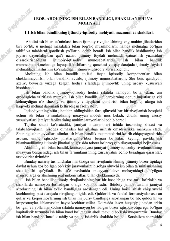 qat’i nazar, ijtimoiy foydali mehnatda qatnashish yuzasidan o’zarokirishadigan ijtimoiy-iqtisodiy munosabatlaridir. ish bilan bandlik munosabatlari,mehnatga layoqatli kishilarning qanchasi va qay darajada ijtimoiy foydali mehnatdaqatnashishini ko’rsatadigan ijtimoiy-iqtisodiy ko’rsatkichdir. aholining ish bilan bandlik toifasi faqat iqtisodiy komponentlar bilan cheklanmaydi.ish bilan bandlik, avvalo, ijtimoiy munosabatlardir. shu bois qandaydir azaliy, bevosita yuzaga kelgan hodisa sifatidagi ijtimoiylik uning asosiy xususiyati hisoblanadi. ish bilan bandlik ijtimoiy-iqtisodiy hodisa sifatida namoyon bo’lar ekan, uni quyidagicha ta’riflash mumkin. ish bilan bandlik – fuqarolarning qonun hujjatlariga zid kelmaydigan o’z shaxsiy va ijtimoiy ehtiyojlarni qondirish bilan bog’liq, ularga ish haqiyoki mehnat daromadi keltiradigan faoliyatdir. iqtisodiyotning sifat jihatidan oldingisidan farq qiluvchi har bir rivojlanish bosqichi uchun ish bilan ta’minlashning muayyan modeli mos keladi, chunki uning asosiy xususiyatlari jamiyat faoliyatining muhim jarayonlarini ochib beradi. tajriba shuni ko’rsatadiki, jamiyat muammolari ichida insonning shaxsi va talabehtiyojlarini hisobga olmasdan hal qilishga urinish omadsizlikka mahkum etadi. shuning uchun avvallari olimlar ish bilan bandlik muammolarini ko’rib chiqayotganlarida asosan, uning …