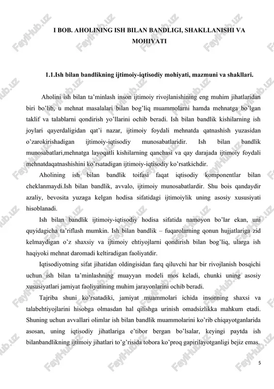ndlik munosabatlari,mehnatga layoqatli kishilarning qanchasi va qay darajada ijtimoiy foydali mehnatdaqatnashishini ko’rsatadigan ijtimoiy-iqtisodiy ko’rsatkichdir. aholining ish bilan bandlik toifasi faqat iqtisodiy komponentlar bilan cheklanmaydi.ish bilan bandlik, avvalo, ijtimoiy munosabatlardir. shu bois qandaydir azaliy, bevosita yuzaga kelgan hodisa sifatidagi ijtimoiylik uning asosiy xususiyati hisoblanadi. ish bilan bandlik ijtimoiy-iqtisodiy hodisa sifatida namoyon bo’lar ekan, uni quyidagicha ta’riflash mumkin. ish bilan bandlik – fuqarolarning qonun hujjatlariga zid kelmaydigan o’z shaxsiy va ijtimoiy ehtiyojlarni qondirish bilan bog’liq, ularga ish haqiyoki mehnat daromadi keltiradigan faoliyatdir. iqtisodiyotning sifat jihatidan oldingisidan farq qiluvchi har bir rivojlanish bosqichi uchun ish bilan ta’minlashning muayyan modeli mos keladi, chunki uning asosiy xususiyatlari jamiyat faoliyatining muhim jarayonlarini ochib beradi. tajriba shuni ko’rsatadiki, jamiyat muammolari ichida insonning shaxsi va talabehtiyojlarini hisobga olmasdan hal qilishga urinish omadsizlikka mahkum etadi. shuning uchun avvallari olimlar ish bilan bandlik muammolarini ko’rib chiqayotganlarida asosan, uning iqtisodiy jihatlariga e’tibor bergan bo’lsalar, keyingi paytda ish bilanbandlikning ijtimoiy jihatlari to’g’risida …