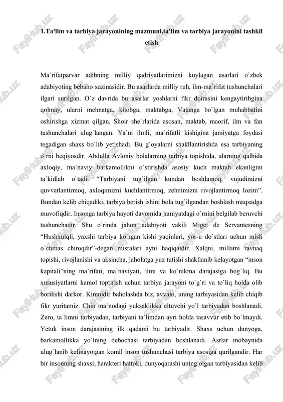 tushuncha yo`q. xitoy donishmandi syun-szi “chaqaloqlar bir xil yig`laydi. katta bo`lganlarida esa turli qiliqlar qilishadi. bu- tarbiyaning oqibati”, olmon faylasufi immanuel kant o`z asarida “inson faqat tarbiya orqali inson bo`ladi, uning qandayligi tarbiyaning natijasidir”, degan fikrlarni bildirib o`tishgan. abdulla avloniyning tabiri bilan aytganda: “tarbiya biz uchun yo hayot- yo mamot-, yo najot- yo halokat, yo saodat- yo falokat masalasidir” har qanday mamlakatning kuch – qudrati uning intellektual salohiyati bilan belgilanadi. buesa bevosita ta'lim sifatiga bog‘liq. ta'lim tizimida innovatsiya, integratsiya va o‘qitishsifatimonitoringini takomillashtirish bo‘yicha amalga oshirilayotgan ilmiy izlanishlardao‘quvtarbiya jarayoni natijaviyligiga alohida e'tibor qaratilmoqda. bunday yo‘nalishdagitadqiqotlarda o‘qitish sifati monitoringining nazariy-metodologik asoslarini takomillashtirish,kompetensiyaviy yondashuvga asoslangan davlat ta'lim standartlarini tatbiq etish, uzluksizta'lim tizimiga innovatsion g‘oyalarni, axborot-kommunikatsion texnologiyalarni joriyqilishgaoid ilmiy jihatdan asoslangan takliflarni,tavsiyalar tizimini ishlab chiqish, ta'limvao‘qitishsifatiga ta'sir etuvchi omillarni aniqlash, o‘qitish sifati monitoringini avtomatlashtirishgaalohida e'tibor qaratilmoqda. butun jahonda ta'lim tizimida amalga oshirilayotgan keng qamrovli islohotlar kishilikjamiyatining oliy maqsadi bo‘lib kelgan - jismonan va axloqan …