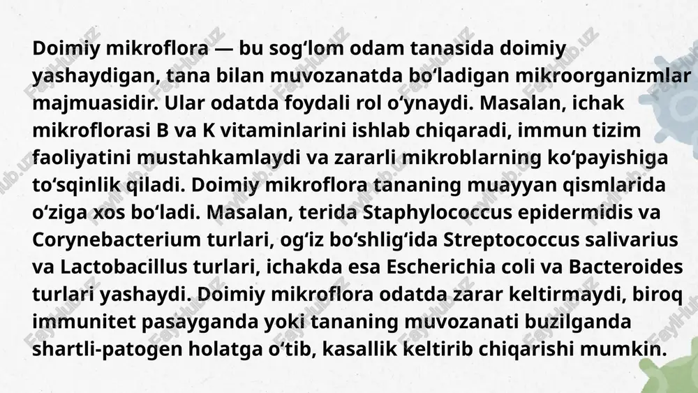 lig‘lanish chaqirishiga to‘sqinlik qiladi va tashqi muhit bilan aloqa joyida himoya qatlam hosil qilib, infektsiyalardan saqlaydi. 🔬 mikroflorani o‘rganish usullari : 🍽️ hazm tizimi – najastan ekish (bakteriologik usul), mikroskopiya, biokimyoviy testlar. 💧 siydik ajratuv tizimi – siydik namunasi ekish (steril idishda), mikroskopiya, pcr tahlil. 🧴 teri – tamg‘alash (surtma olish) usuli, ekish va mikroskopik tekshirish. 👁️ ko‘z – kon’yunktiva surtmasini olish, mikroskopiya va bakteriologik ekish dezbakterioz — bu ichak mikroflorasining sifat va miqdor jihatdan o‘zgarishi natijasida foydali va zararli mikroblar o‘rtasidagi muvozanatning buzilishidir. sabablari: antibiotiklar, noto‘g‘ri ovqatlanish, ichak infeksiyalari, immunitetning pasayishi, stress. belgilar: qorin dam bo‘lishi, ich ketishi yoki qabziyat, ishtaha yo‘qolishi, holsizlik. oqibatlari: ovqat hazmi buziladi, vitaminlar yomon so‘riladi, immunitet zaiflashadi. davolash: eubiotiklar, prebiotiklar va sog‘lom ovqatlanish yordamida ichak mikroflorasi tiklanadi. odam tanasining steril va nosteril qismlari: 🧫 steril qismlar — odatda mikroblar bo‘lmaydigan joylar: qon, miya suyuqligi, siydik pufagi, o‘pka alveolalari, ichki organlar (jigar, yurak, buyrak). 🦠 …