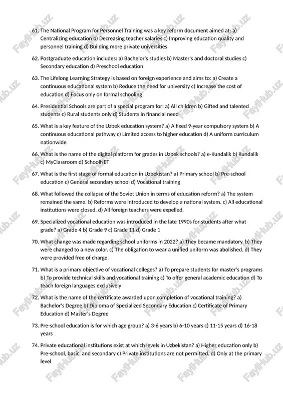 level c) pre-school, secondary, and higher education d) private education does not exist 45. the transition to an 11-year compulsory education program was a response to what? a) parental and student feedback b) an increase in government funding c) a decrease in teacher numbers d) the need to standardize grading 46. general secondary education (grades 5-9) has a duration of how many years? a) 4 b) 5 c) 2 d) 3 47. a major obstacle following the soviet collapse was related to: a) student motivation b) maintaining and updating educational resources c) parent involvement d) the length of the school day 48. specialized secondary vocational institutions were established around what time? a) 1980s b) 1997/98 c) 2010s d) 2020s 49. the full range of general secondary education (grades 1-11) is for ages: a) 6 to 17 b) 7 to 18 c) 5 to 16 d) 8 to 19 50. article …