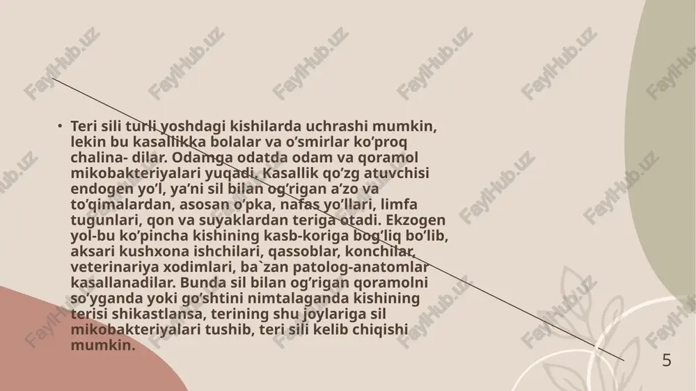 tashqari bolalar uylari, maktablar, bog’chalar va jamoat joylarida kasallangan shaxslarni barvagt aniqlash yuzasidan profilaktik chora-tadbirlar ko’riladi. kasallikning oldini olish magsadida bolalar va kattalarni vaqti-vaqti bilan tibbiy ko’rikdan o`tkazib turish zarur. kasallik borligi aniqlanganda bemorning oila a’zolari va u bilan yaqin muloqotda bo’lgan kishilar maxsus tekshiruvdan o’tkaziladi. teri siliga chalinganlarga muntazam davo choralari ko’riladi va davoning to’g’ri va o’z vaqtida bekam-u ko’st olib borilishi nazorat qilib turiladi. zarur bo’lganda bemor klinika, kasalxona yoki qulay iqlimiy sharoitlarga ega bo’lgan sanatoriyalarda davolanadi. 19 barchaga raxmat e’tibor uchun  20 image4.jpeg image1.png image5.jpeg /docprops/thumbnail.jpeg
