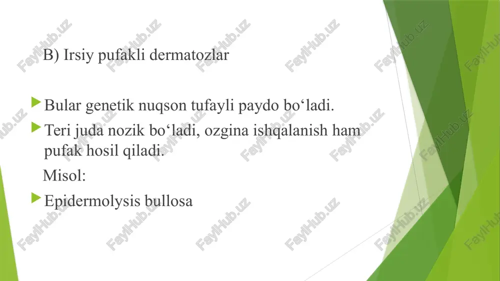 ish va yara bitishini tezlashtirish. a) umumiy davo 1. kortikosteroidlar asosiy dorilar bo‘lib, immun tizim faoliyatini susaytiradi. misollar: prednizolon, deksametazon. yallig‘lanish va antitana hosil bo‘lishini kamaytiradi. 2. immunosupressiv vositalar kortikosteroidlar bilan birga beriladi, immun tizimni yanada tinchlantiradi. misollar: azatioprin, metotreksat, siklosporin. 3. antibiotiklar pufak yorilgach, yara joyiga mikroblar tushmasligi uchun. misol: amoksiklav, tsefaleksin. 4. desensibilizatsiya va simptomatik davo kalsiy preparatlari, antihistaminlar (tavegil, suprastin) — allergik reaksiyani kamaytiradi. vitaminlar (a, e, c, b guruhi) — teri tiklanishini tezlashtiradi. suyuqlik ichish, oqsilga boy ovqat — organizmni mustahkamlaydi. b) mahalliy davo antiseptik eritmalar bilan yuvish: furatsillin, xlorheksidin, kaliy permanganat. kortikosteroidli mazlar: advantan, sinaflan, lokoid. yaraga himoya bog‘lamalar (steril bandajlar) qo‘yiladi. og‘iz ichidagi eroziyalar uchun — soda yoki yengil antiseptik bilan chayish. c) og‘ir holatlarda kasalxonada davolash. plazmaferez yoki gemoperfuziya — qondan zararli antitanalarni chiqarish. infuzion davolash — suvsizlanishni oldini olish. d) parhez va parvarish achchiq, sho‘r, qattiq ovqatlardan saqlanish (og‘izda yara bo‘lsa). teri …