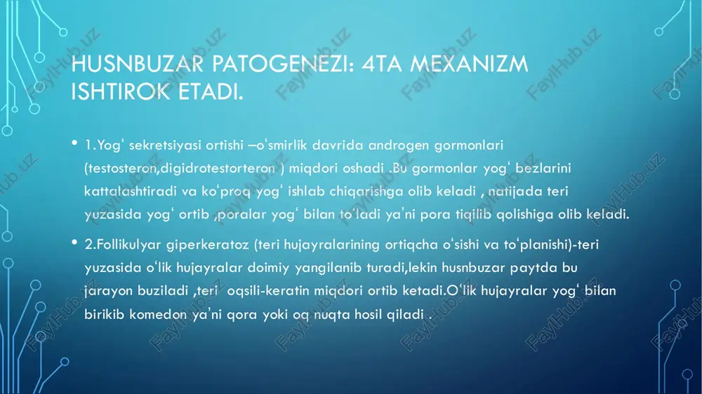 yshmaniozda.shaxsiy gigiyena: kiyim-kechak, choyshablarni qaynatish va dezinfeksiya qilish. • 4. virusli dermatozonozlar :davosi:simptomarik muolaja (isitmaga, yallig‘lanishga qarshi davo). • antiviral vositalar (asosan og‘ir holatlarda – asiklovir). eʼtiboringiz uchun rahmat slide 1: fargʻona jamoat salomatligi tibbiyot instituti davolash ishi yoʻnalishi 3-kurs 2822-guruh talabasi isomiddinova feruzaxonning dermatoveneralogiya fanidan tayyorlagan mustaqil ishi slide 2: mavzu : husnbuzar va dermatozonozlar slide 3 slide 4: husnbuzar sabablari : slide 5: husnbuzar patogenezi: 4ta mexanizm ishtirok etadi. slide 6 slide 7 slide 8: husnbuzar davosi: 3ta darajaga qarab farqlanadi : slide 9 slide 10: husnbuzar turi-pushti rangli husnbuzar (demodikoz) slide 11 slide 12 slide 13: dermatozoonozlar slide 14 slide 15 slide 16 slide 17: dermatozonozlar davosi: slide 18: eʼtiboringiz uchun rahmat