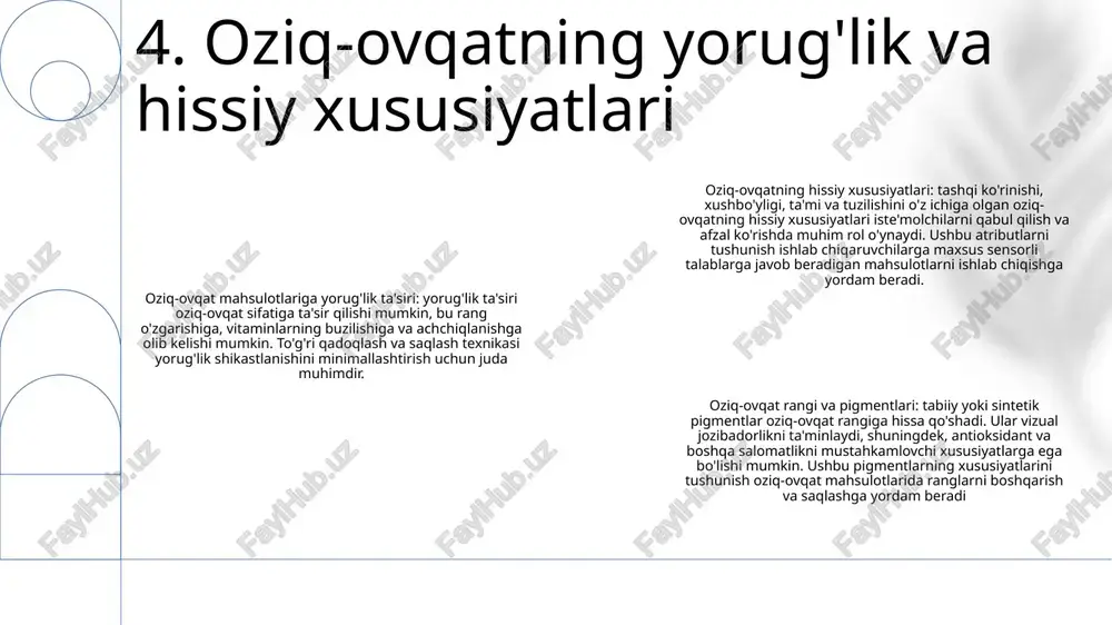 engil va ovqat sanoati oziq-ovqat mahsulotlarini dastlabki ishlab chiqarish bosqichidan to oxirgi iste'molchigacha kuzatib boradigan keng qamrovli kuzatuv tizimlarini taklif etadi iste'molchilarga ma'lumotli tanlov imkoniyatini berish: yengil va oziq-ovqat mahsulotlarini kuzatib borish, yengil va ovqat ovqat sanoati iste'molchilar ishonchi va shaffofligi muhimligini tan oladi 10. yengillik va oziq-ovqat izlanishi oziq-ovqat mahsulotlarini saqlash: yorug'lik buzilishini oldini olish, ozuqa moddalarini saqlash va saqlash muddatini uzaytirish orqali oziq-ovqat sifatini saqlaydi. o'simliklarning o'sishi: yorug'lik o'simliklar o'sishi va oziq-ovqat ishlab chiqarish uchun zarur bo'lgan fotosintezni rag'batlantiradi. oziq-ovqat xavfsizligi: oziq-ovqat mahsulotlarini qayta ishlash korxonalarida to'g'ri yoritish gigienani ta'minlaydi, ifloslanishni kamaytiradi va ishchilar xavfsizligini ta'minlaydi. 11. yengillik va oziq-ovqat barqarorligi e'tiboringiz uchun rahmat @taqdimot_robot image1.png /docprops/thumbnail.jpeg