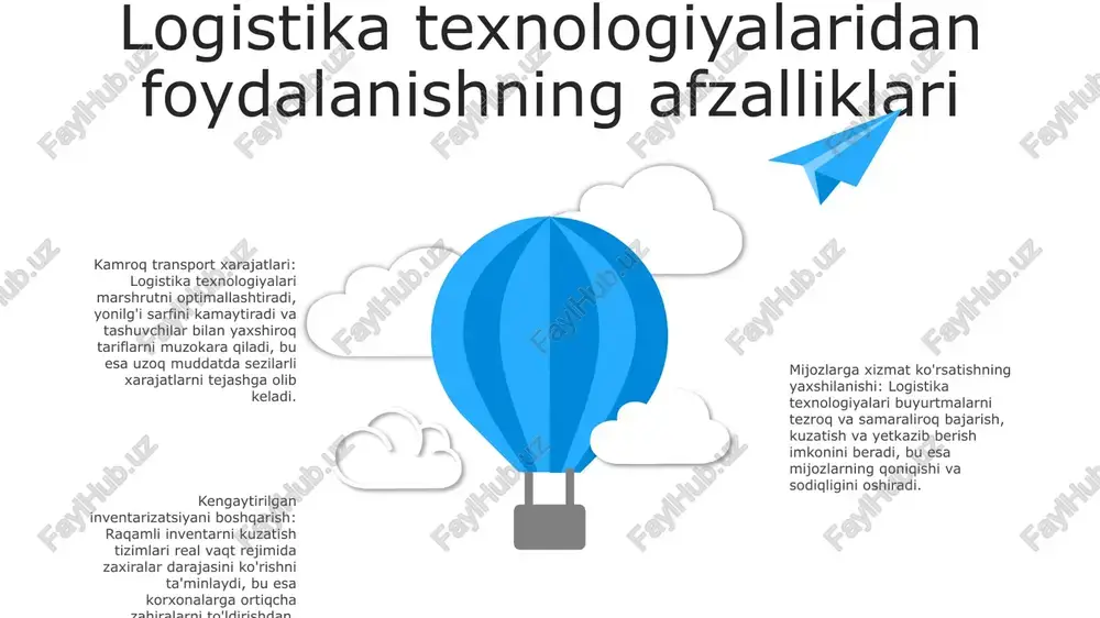 ikni oshiradi. hamkorlik va aloqa platformalari kengaytirilgan aloqa: hamkorlik platformalari aloqani soddalashtiradi, manfaatdor tomonlarga real vaqt rejimida ma'lumot, yangilanishlar va hujjatlar almashish imkonini beradi va samarali muvofiqlashtirishni rivojlantiradi. muammolarni hal qilishga yordam berish: bu platformalar jamoalar murakkab muammolar bo'yicha hamkorlik qilishlari, g'oyalarni almashishlari va birgalikda yechim topishlari, qarorlar qabul qilishni yaxshilashlari va kechikishlarni kamaytirishlari mumkin bo'lgan markaziy markazni yaratadi. haqiqiy vaqtda kuzatuv va ko'rinish: hamkorlik platformalari real vaqt rejimida kuzatuv imkoniyatlarini taqdim etadi, bu manfaatdor tomonlarga temir yo'l vagonlari, yuklar va jo'natmalarning harakati va holatini kuzatish imkonini beradi, ta'minot zanjiri bo'ylab ko'rinish va shaffoflikni oshiradi. 06 05 04 03 02 ta'minot zanjiri ko'rinishi 01 02 ta'minot zanjiri ko'rinishi: ta'minot zanjiri bo'ylab tovarlarni real vaqt rejimida kuzatish va monitoringini ta'minlaydi, bu esa inventar va jo'natmalarni ko'proq ko'rish va nazorat qilishni ta'minlaydi. temir yo'l transportida logistika texnologiyalari: temir yo'l transportida samaradorlik va ko'rinishni yaxshilash uchun gps kuzatuvi, rfid teglari va ma'lumotlar tahlili …