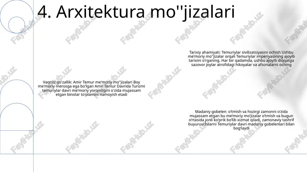 zmni qo‘llab-quvvatlaydi. jamiyatda iqtisodiy imkoniyatlar yaratish uchun o'quv dasturlari va adolatli ish haqiga sarmoya kiritadi. 12. barqarorlik envisioning the future: amir temur davrida turizm o‘zbekistonning boy merosini targ‘ib qilish: mahalliy va xalqaro sayyohlarni jalb qilish uchun mamlakatning tarixiy joylari, madaniy an’analari va tabiiy go‘zalligini namoyish etish. barqaror turizm amaliyoti: o‘zbekistonning tabiiy resurslari va madaniy merosini kelajak avlodlar uchun saqlab qolish uchun ekologik toza siyosatni amalga oshirish va mas’uliyatli turizmni targ‘ib qilish. 13. kelajakka qarash e'tiboringiz uchun rahmat @taqdimot_robot image1.png /docprops/thumbnail.jpeg