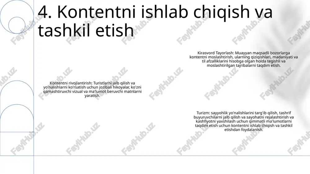ngan” degan ma’noni anglatadi, shaxsiy ehtiyojlarni qondirish uchun maxsus ishlab chiqilgan turistik tajribalar tushunchasiga ishora qiladi. bu shaxsiylashtirilgan marshrutlarni, madaniy suvga cho'mishni va o'ziga xos qiziqishlarni qondirish uchun noyob sayohat tadbirlarini ta'kidlaydi. 12. globallashuv va madaniyatlararo istiqbollar 1. atrof-muhitga ta'sirni minimallashtirish: energiyani tejaydigan amaliyotlardan foydalanish, chiqindilarni kamaytirish va qayta ishlashni rag'batlantirish orqali barqaror turizm yo'nalishlarning tabiiy go'zalligi va biologik xilma-xilligini saqlashga qaratilgan. 2. mahalliy hamjamiyatlarni qo'llab-quvvatlash: barqaror turizm adolatli ish haqini oshirish, madaniy merosni saqlash va iqtisodiy o'sish uchun imkoniyatlar yaratish orqali mahalliy aholi farovonligini birinchi o'ringa qo'yadi. 3. madaniy tushunishni kuchaytirish: turistlar va mahalliy hamjamiyatlar o'rtasida hurmatli o'zaro munosabatlarni rag'batlantirish orqali barqaror turizm madaniy almashinuvni rivojlantiradi, tushunishni rivojlantiradi va turli madaniyatlar o'rtasida ko'priklarni quradi. 13. barqaror turizm tamoyillari shaxsiylashtirilgan sayohat tajribalari: kirasvord tayorlash turizm shaxsiy imtiyozlar va qiziqishlarga javob beradigan moslashtirilgan marshrutlar, moslashtirilgan tadbirlar va immersiv tajribalarga ustuvor ahamiyat beradi. virtual va kengaytirilgan haqiqat integratsiyasi: vr va ar kabi …
