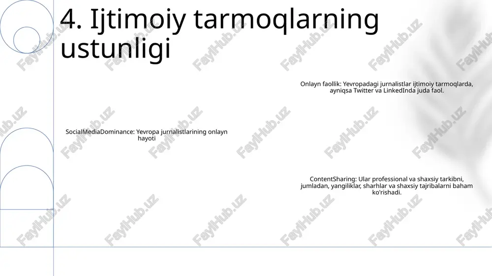 va musiqalarini yirik yorliqlar qo'llab-quvvatlamasdan monetizatsiya qilish imkoniyatini beradi. jonli ijroning qayta tiklanishi: oqim ko'payishiga qaramay, jonli ijrolar san'atkorlar uchun muhim daromad oqimi bo'lib qolmoqda. festivallar, kontsertlar va gastrollar musiqachilarga muxlislar bilan bog'lanish va katta daromad olish imkoniyatini beradi. 11. musiqa sanoati dinamikasi 1. video striming ustunlik qiladi: netflix, amazon prime va disney+ kabi oqim xizmatlari bilan video kontent yevropada eng koʻp isteʼmol qilinadigan ommaviy axborot vositalariga aylandi. 2. ijtimoiy media integratsiyasi: tiktok, instagram va facebook kabi ijtimoiy media platformalari kontentni topish va iste'mol qilish uchun muhim bo'lib qoldi, bunda foydalanuvchilar videolar, yangiliklar va boshqa kontent bilan baham ko'rishadi va ular bilan shug'ullanishadi. 3. mobil qurilmalarning haddan tashqari yuklanishi: smartfonlar va planshetlarning ko'payishi mobil qurilmalarni yevropada kontentni iste'mol qilish uchun asosiy platformaga aylantirdi, foydalanuvchilar ko'p vaqtlarini ilovalarga sarflashadi va yo'lda internetni ko'rishadi. 12. kontentni iste'mol qilish naqshlari tomoshabinlarni o'lchash: televidenie tomoshabinlarining miqdorini aniqlash auditoriyani o'lchash xizmatlari tomoshabinlar soni, ularning demografik …