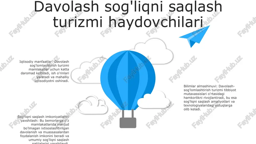 li tibbiy muolajalarni taklif etadi. s w o t swot davolash sog'liqni saqlash turizmi uchun strategik rejalashtirish geografik mintaqalar: - ixtisoslashgan tibbiy yordamga muhtoj bo'lgan o'rta sinf o'sib borayotgan rivojlanayotgan bozorlarga e'tibor qarating.- sog'liqni saqlash xarajatlari yuqori va ilg'or davolash usullaridan foydalanish imkoniyati cheklangan maqsadli hududlar. asosiy bozorlar: - onkologiya, ortopediya va kardiologiya kabi ixtisoslashtirilgan davolash usullariga talab yuqori bo'lgan bozorlarni aniqlang.- bozorlarni til, madaniy imtiyozlar va sayohat usullari asosida segmentlarga bo'ling. kengayish strategiyalari: - ixtisoslashgan tibbiy xizmatlarni taklif qilish uchun shifoxonalar va klinikalar bilan hamkorlikni yo'lga qo'ying.- infratuzilmani, jumladan transport, turar joy va til xizmatlarini rivojlantirish.- ogohlikni oshirish va potentsial bemorlarni jalb qilish uchun marketing va targ'ibot dasturlarini amalga oshirish. e'tiboringiz uchun rahmat @taqdimot_robot image12.jpg image3.jpg image2.jpg /docprops/thumbnail.jpeg