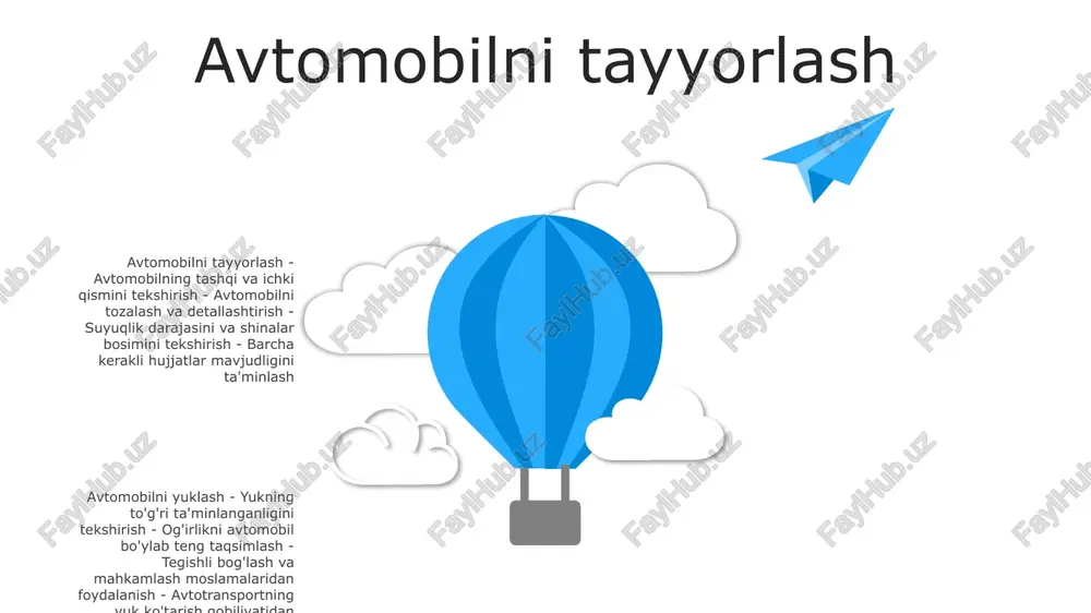 qarishning aqlli tizimlari va ulangan transport vositalari kabi aqlli infratuzilma transport oqimini optimallashtiradi, tirbandlikni kamaytiradi va umumiy transport tajribasini yaxshilaydi. barqaror yechimlar: elektr va gibrid transport vositalarini muqobil yoqilgʻilar va yaxshilangan dvigatel samaradorligi bilan birgalikda qabul qilishning ortishi uglerod chiqindilarini sezilarli darajada kamaytiradi va avtomobil transportida ekologik barqarorlikni taʼminlaydi. s w o t swot case studies avtomobil transporti: foydalanish imkoniyatini oshirish - nogironlar uchun transport imkoniyatlarini kengaytirishga qaratilgan, bu esa hayot sifatini yaxshilash va mustaqillikni oshirishga qaratilgan. avtomobil transporti: avtomobillarga texnik xizmat ko'rsatishni optimallashtirish - avtoulovlarga texnik xizmat ko'rsatish jadvallarini optimallashtirish, to'xtab qolish vaqtlarini qisqartirish va parkning samaradorligini oshirish, xarajatlarni tejashga olib keladigan bashoratli tahlillar amalga oshirildi. avtomobil transporti: mijozlarga xizmat ko'rsatishni yaxshilash - mijozlarga xizmat ko'rsatishni yaxshilash uchun real vaqt rejimida kuzatish va aloqa tizimlari joriy etilgan bo'lib, tezkor yordam va moslashtirilgan yechimlar taqdim etiladi, natijada mijozlar qoniqishi va sodiqligi oshadi. “avtomobil transporti”ning maqsadli auditoriyasi kim? “avtomobil transporti”ning asosiy …