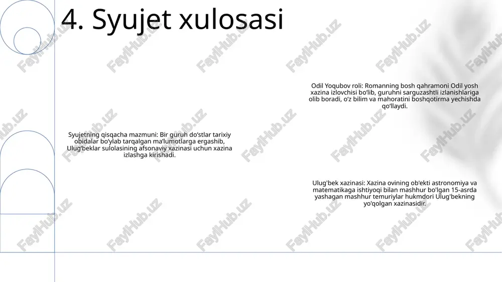 ivlik va dalil: tahlil ob'ektiv nuqtai nazarni saqlab, romanning ijobiy va salbiy tomonlarini taqdim etadi. u o'z da'volarini matndan aniq misollar va iqtiboslar bilan qo'llab-quvvatlaydi, uni baholashda shaffoflik va ishonchlilikni ta'minlaydi. 3: muvofiqlik va ta'sir: tahlil romanning zamonaviy jamiyat uchun dolzarbligini muhokama qiladi, uning tarixiy xotira, madaniy o'ziga xoslik va ma'no izlash kabi mavzularni o'rganishini ta'kidlaydi 14. tanqidiy tahlil 1-moslashuv: qisqa metrajli film – “ulug‘bek xazinasi” (2022)- temuriylar davrining tarixiy va madaniy ahamiyatini o‘rganadi.- ajoyib tasvirlar va chuqur ta’sirchan spektakllarni namoyish etadi.- xalqaro kinofestivallarda tanqidiy olqish va e’tirofga sazovor bo‘ldi. 2-moslashuv: grafik roman – “ulug‘bek: munajjimning merosi” (2021)- hikoyani hayajonli sarguzasht va sir sifatida qayta tasavvur qiladi.- chiroyli san’at asarini sinchkovlik bilan o‘rganilgan tarixiy tafsilotlar bilan uyg‘unlashtiradi.- ulug‘bekning jozibali va tushunarli hikoyasini taqdim etadi. 3-moslashuv: ma’rifiy hujjatli film – “ulug‘bek: ajoyib astronom” (2022)- ulug‘bekning ilm-fan va astronomiyaga qo‘shgan ulkan hissalarini yoritadi.- mutaxassislar va tarixchilar bilan suhbatlar, uning usullari va kashfiyotlari …