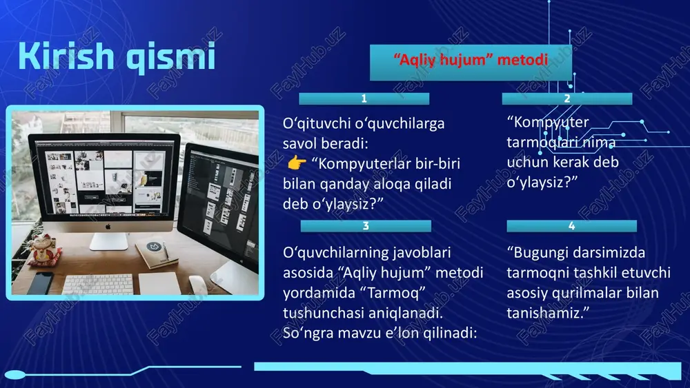 bajarish jihatidan muhim. modem — isp bilan aloqa uchun zarur komponent, lekin ichki tarmoqda boshqa vazifa bajarmaydi. kabel va jek — agar kabel sifati past bo‘lsa, signal sifati past bo‘ladi va tarmoq ishi buzilishi mumkin. yaxshi tarmoq tuzish uchun komponentlar orasidagi moslik, kabel sifati, sozlash to‘g‘riligi va trafikni boshqarish usullari muhim rol o‘ynaydi. lan (local area network) limited to small areas like an office or school. wan (wide area network) covers large areas, e.g., the internet. man (metropolitan area network) city or regional coverage. pan (personal area network) connects personal devices such as bluetooth. 💡 tushunchalar zanjiri: kompyuter → jek → kabel → hub/switch → → router → modem → internet mustahkamlash uchun mini-test 1. tarmoqdagi axborotni manzil bo‘yicha yuboruvchi qurilma? a) hub c) kabel b) switch 2. internetga chiqish uchun ishlatiladigan qurilma? a) router c) switch b) jek 3. rj-45 qanday element? a) kabel turi c) router turi b) …