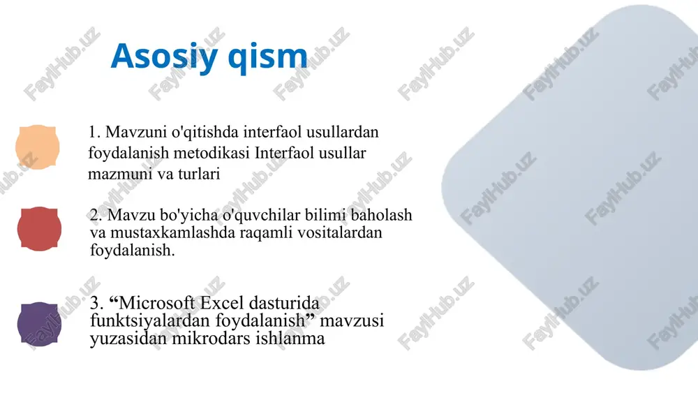 ida learning.apps platformasida interaktiv topshiriq. giperishora orqali https://learningapps.org/20672483 excel dasturida jadvallar yaratish - ma’lumotlarni tartibli, tushunarli va qulay shaklda ko‘rsatishga yordam beradi. qator va ustunlarni boshqarish orqali foydalanuvchi jadvalni kengaytirishi, qisqartirishi yoki o‘z ehtiyojiga moslashtirishi mumkin. jadvalni formatlash va tartiblash esa ma’lumotlarni tahlil qilishni yanada osonlashtiradi. ushbu mavzu orqali o‘quvchilar amaliy ko‘nikma bilan birga, ma’lumotlarni boshqarish va tartibga solish madaniyatini ham o‘zlashtiradilar. xulosa 1. amaliyotga ko‘proq vaqt ajrating - faqat nazariyani emas, balki har kuni kichik jadvallar tuzib ko‘ring. 2. qator va ustunlarni turlicha boshqarib ko‘ring - qo‘shish, o‘chirish, kengaytirish, qisqartirish. 3. formatlash imkoniyatlaridan foydalaning - rang berish, shriftni o‘zgartirish, chegaralar chizish. 4. formulalarni qo‘llashni unutmang - oddiy hisoblashlardan boshlang (masalan, yig‘indi, o‘rtacha). 5. interfaol usullarni qo‘llang - filtrlash, tartiblash, avtomatik jadval qo‘llash orqali ma’lumot bilan o‘ynang. tavsiyalar