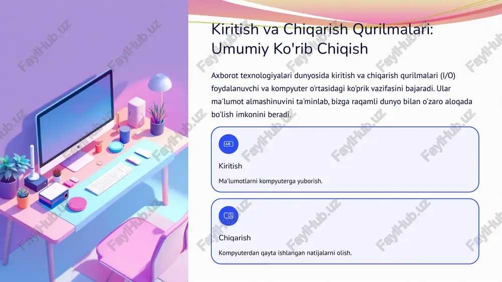 iya faoliyatini to'g'ridan-to'g'ri kompyuter buyruqlariga aylantiradigan texnologiyalar. paralich bo'lganlar uchun kiritish imkoniyatlarini yaratadi. kengaytirilgan/virtual haqiqat (ar/vr) vr garnituralari bir vaqtning o'zida ham kiritish (harakatni kuzatish) ham chiqarish (immersiv vizuallar) vazifasini bajaradi. jest va barmoq harakatlari boshqaruvi kamera va sensorlar yordamida inson harakatlari ma'lumot kiritish uchun ishlatiladi, bu an'anaviy sichqoncha o'rnini bosishi mumkin. golografik proyeksiya uch o'lchovli vizual ma'lumotni chiqarish orqali haqiqiy dunyo bilan o'zaro aloqa qilishni ta'minlaydi. 13 xulosa va asosiy xulosalar kiritish va chiqarish qurilmalari kompyuter texnologiyalarining hayotiy qismi bo'lib qoladi, chunki ular bizning raqamli tizimlar bilan o'zaro munosabatimizni belgilaydi. kirish (input) mohiyati ma'lumotlarni inson shaklidan kompyuter tushunadigan shaklga (raqamli signalga) aylantirish. asosiysi - klaviatura, sichqoncha, mikrofon. chiqarish (output) maqsadi qayta ishlangan natijalarni kompyuter shaklidan inson tushunadigan shaklga (vizual, audio, bosma) qaytarish. asosiysi - monitor, printer, dinamiklar. kelajak integratsiyasi texnologik rivojlanish chegaralarni yo'qotmoqda, bci va vr kabi yangi interfeyslar o'zaro aloqani yanada intuitiv va to'g'ridan-to'g'ri qiladi. 14 e’tiboringiz uchun …
