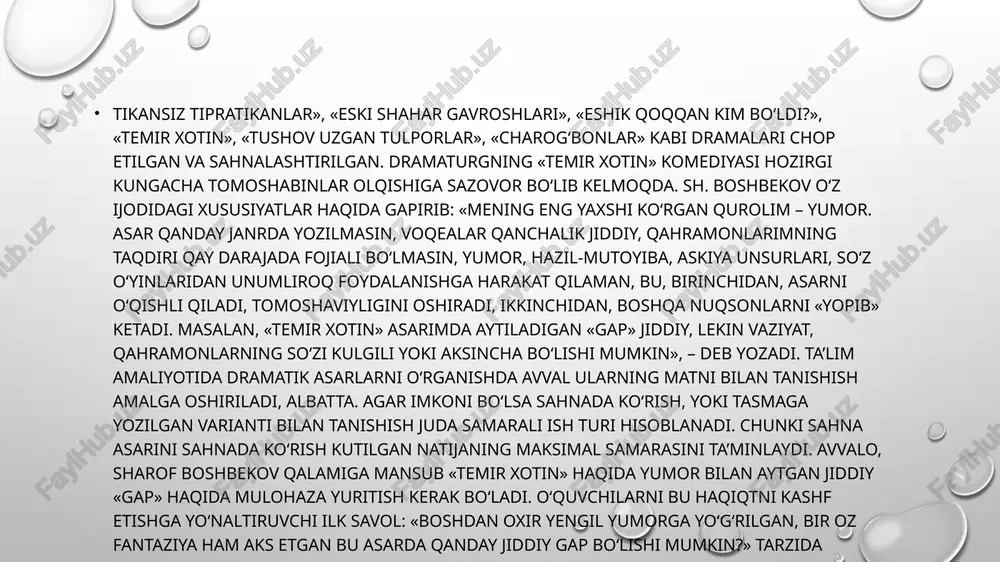 loqlarning buguni ham avlo emasligi hech kimga sir emas. umuman, sovet davridagi turmush tarzini tasavvur qilish uchun tarbiyalanuvchilar har bir detal, jumla, ibora, luqma va tasvirni tahlilga tortishlari kerak bo‘ladi. o‘qituvchi yuqorida sanalgan jihatlarni savol va topshiriqqa aylantirishi talab etiladi. mana shu tahlil asnosida komediyada ilgari surilgan «jiddiy gap»ning mohiyatiga kiriladi. masalan: «sahnadagi har jihoz, har bir buyumda nimadir yetishmaydi: eshik-deraza romlarining yarmi bo‘yalgan, qolganining rangi o‘chib ketgan, yog‘och karavotning bitta oyog‘i yo‘q, ko‘rpa-yostiqlarga yamoq tushgan, piyolalarning labi uchgan yoki chegalangan, choynakning jo‘mragiga tunuka kiygizilgan» tarzidagi tasvirga diqqat qilinadi va qishloqdagi oddiy oilaning 249 turmushi tasavvur qilinadi. keyin qumrining hech qachon, hech narsadan nolimaganiga, arazlab onasinikiga ketayotgan holatida ham eriga achinishiga, qo‘llarining qavargani, kiyimlaridan tappi va kerosin hidi anqib turishi kabi bir qancha xususiyatlariga tayanib qishloq ayollarining turmush tarzi tasavvur qilinadi. muallif aytmoqchi bo‘lgan jiddiy gapning mohiyatiga kiriladi. yoki o‘quvchilar qo‘chqorning: «bir qarasang, qo‘ylarga qarab «ko‘p tug‘» deydi, bir qarasang, …
