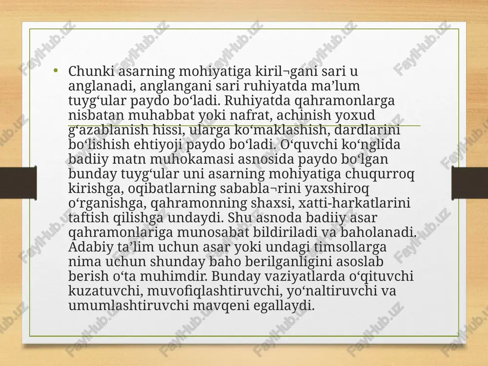idan bahramand bo‘ldim hamda o‘z so‘zimni ularga yoqimli topdim. ...har yo‘lda yurdim; olamda bo‘lmish har nav odam bilan ko‘rishdim; yaxshi-yomonning xislatlarini tajribadan o‘tkazdim; yaxshilik va yomonliklarning sharbatini ichib, zahrini totib ko‘rdim. baxil va pastkashlarning zaxmini, saxovatli kishilarning malhamini ko‘nglim darhol sezadigan bo‘lib qoldi... shu jihatdan hamsuhbatlarni va do‘st-yoronlarni bu hollardan ogoh va xabardor qilmoq vojib ko‘rindiki, toki ular ham har toifaning xislati haqida bilimlari va har tabaqaning ahvoli haqida tushunchalari bo‘lg‘ay. ular ham munosib kishilarning xizmatig‘a bel bog‘lab, nomunosib odamlar suhbatidan, azob-uqubatlaridan o‘zini tortish lozimigini bilgaylar va maxfiy sirlarini har kimga so‘zlamagaylar, shayton sifat odamlarning hiyla-nayranglariga aldanib qolmagaylar... umid shulki, bu asarga o‘quvchilar diqqat-e’tibor bilan nazar solib, har qaysilari o‘z fahmi-idroklariga yarasha dillarini obod va yozuvchi ruhini ham duo bila shod etgaylar foydalanilgan adabiyotlar: 1.husanboeva q., niyozmetova r. adabiyot o'qitish metodikasi. o'quv qo'llanma. — t.: barkamol fayz media. 2018. 2.to‘xliyev b. adabiyot o‘qitish metodikasi. o‘quv qo‘llanma. t.: alisher navoiy nomidagi …