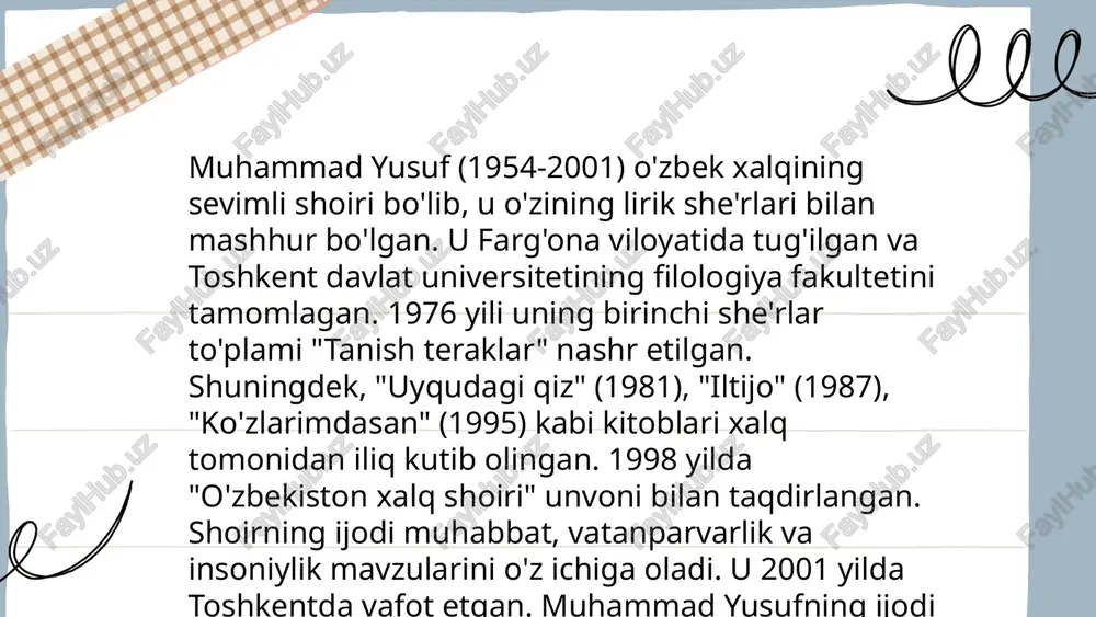 chiqdi. 2001-yilda muhammad yusuf vafot etdi, ammo uning ishlari hozirgi kunda ham o'z dolzarbligini saqlab qolmoqda. ... t.me/slaydai_bot qahramonning ichki olami asosan uning hiiyotlari, maqsadlari va ichki kurashlari bilan bog‘liq. bu jihatlar qahramonni chuqurroq tushunish imkonini beradi. odatda adabiy asarlarda qahramonning ichki dunyosi orqali muallifning falsafiy yoki axloqiy fikrlari yoritiladi. qahramon o‘z hiiyotlarini va ichki ziddiyatlarini yengib o‘tishga harakat qiladi, bu esa uning o‘sish va rivojlanish yo‘lini tasvirlaydi. shuningdek, ichki olam qahramonning boshqalarga bo‘lgan munosabatlariga, uning qarorlariga va hayotdagi izlanishlariga ta’sir qiladi. bu jarayon kuchli psixologik va emotsional ahamiyatga ega bo‘lib, o‘quvchini qahramon bilan yanada ko‘proq bog‘lanishga undaydi. ... t.me/slaydai_bot muhammad yusuf she'riyati an'anaviy va innovatsion unsurlar uygʻunligi bilan ajralib turadi. uning ijodida oʻzbek milliy qadriyatlari, xalq ogʻzaki ijodi hamda zamonaviy mavzular aks etadi. "muqaddaslik" va "oʻzbegim" kabi she'rlari 20-asr oxiri va 21-asr boshidagi oʻzbek she'riyatining yorqin namunalaridandir. shu bilan birga, u yangi mavzu va uslublarni oʻz asarlariga kiritib, an'anaviy …