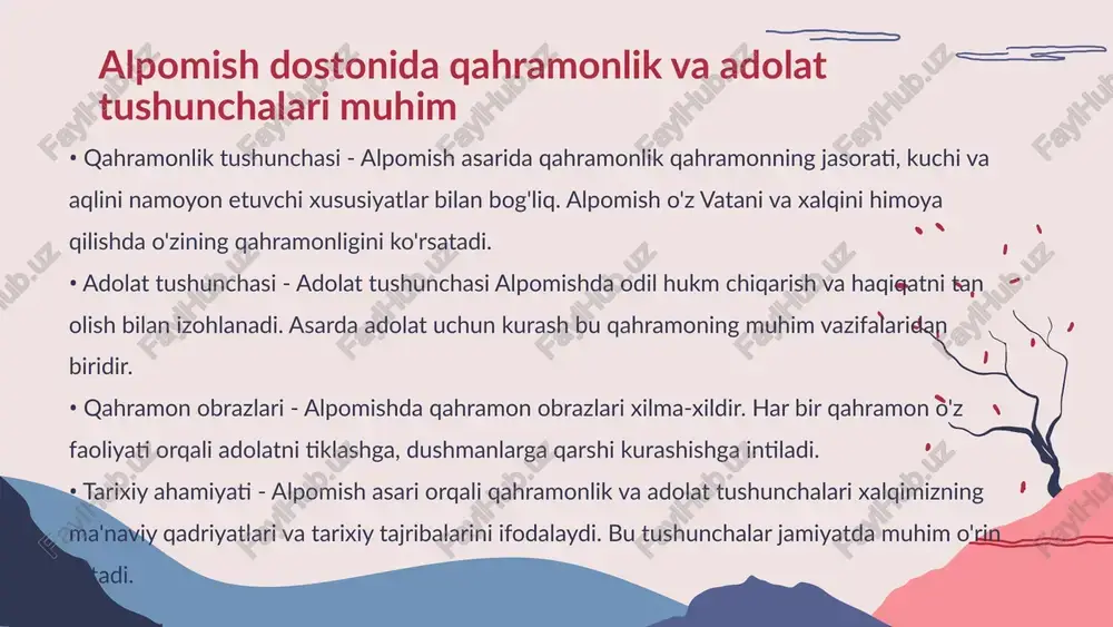 nlik dostoni "alpomish" va uning o'zbek xalq aytimlaridagi aks ettirilishi*. o'zbek tili va adabiyoti instituti. 4. nurmatova, t.. (2017). *epik asarlar va ularning zamonaviy talqinlari*. toshkent davlat madaniyat instituti. 5. safarov, r.. (2020). *liro-epik asarlarda milliy identifikatsiya*. universitet nashriyoti. 6. turg'unov, d.. (2021). *alpomish dostoni va qahramonlik talqinlarining metodologiyasi*. fan va texnologiya nashriyoti. foydalanilgan adabiyotlar thank you for your attention!