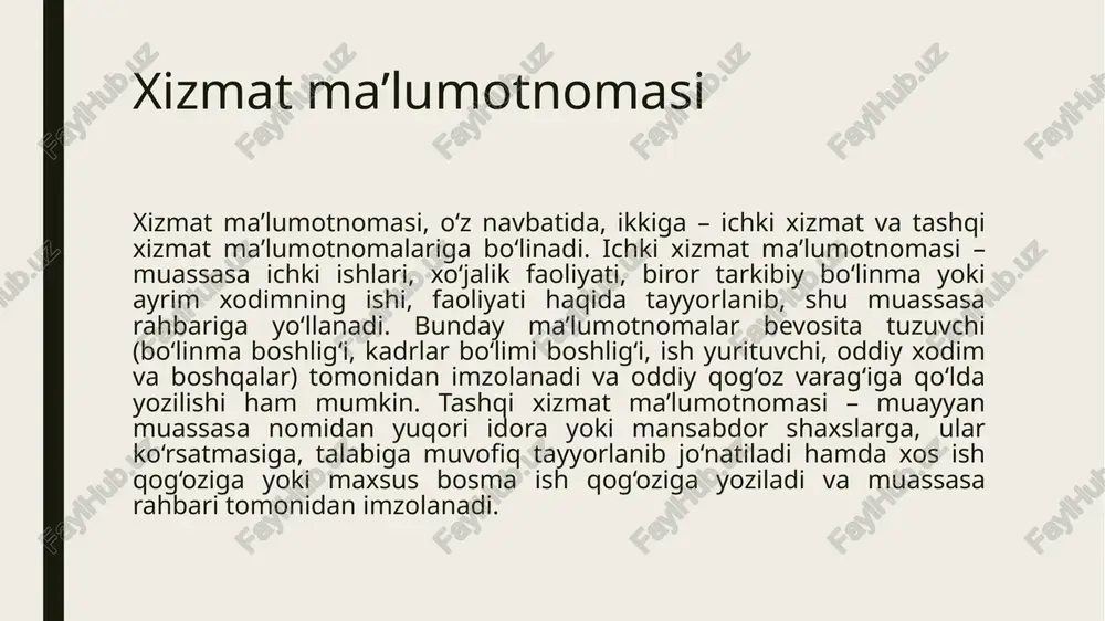 hda, xorijiy mamlakatlarga ishlash va boshqa yumushlar uchun ketishda, lavozimga tayinlashda yoki shahodatlantirish va boshqa hollarda) beriladi. tavsifnomada xodimning jamoatchilik va xizmat faoliyati, uning ishchanligi va axloqiy sifatlari ham ko‘rsatib o‘tiladi. tavsifnomaning asosiy zaruriy qismlari quyidagilardan iborat: tavsifnoma matnini o‘zaro mantiqan bog‘langan uch tarkibiy qismga ajratib ko‘rsatish mumkin. birinchi qismda shaxsning mehnat faoliyati, ya’ni mutaxassisligi, aynan shu korxona, tashkilot va boshqa joylarda qaysi muddatdan buyon ishlayotganligi, xizmat vazifasidagi o‘zgarishlar va boshqalar haqida ma’lumot beriladi. ikkinchi qismda xodimning shaxsiy tavsif, ya’ni ishga munosabati, mutaxassislik bo‘yicha mahorati, siyosiy saviyasi, tashkilotchilik qobiliyati, jamoat ishlarida ishtiroki, oilaviy ahvoli, xulq-atvori, hatto ba’zida siyrati, jamoa a’zolariga munosabati, qanday mukofotlarga sazovor bo‘lganligi va boshqa asosiy rag‘batlantirishlari qayd etiladi. xolis bo‘lish uchun kamchiligi ham ko‘rsatilib, istak bildiriladi. uchinchi qismda esa yuqorida bayon qilinganlardan xulosa chiqariladi va tavsifnoma qanday maqsadda yoki nima uchun berilayotganligi ko‘rsatiladi. tavsifnoma matni uchinchi shaxs tilidan bayon qilinadi. xodimni tavsiflashda «halol», «topshiriqlami vaqtida bajaradigan», «mehnatsevar», …