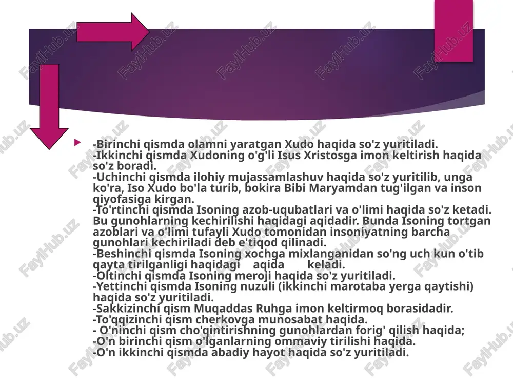 odatlari mavjuddir. katolisizm xristianlikning yo'nalishlaridan biri sifatida uning asosiy aqida va qoidalarini tan oladi, biroq diniy ta'limot, sig'inish va tashkiliy masalalarda bir qator xususiyatlar bilan ajralib turadi. katolik diniy ta'limotning asosini muqaddas kitob va muqaddas yozuvlar tashkil qiladi. biroq pravoslav cherkovidan farqli o'laroq katolik cherkovi muqaddas yozuvlar deb nafaqat avvalgi yetti butun olam xristian soborlarining qarorlarini, balki hozirgacha bo'lib o'tgan barcha soborlar qarorlarini, bundan tashqari papaning maktublari va qarorlarini ham hisoblaydi. image2.jpeg image3.jpeg image1.jpeg /docprops/thumbnail.jpeg