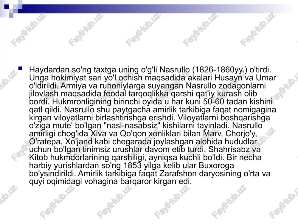 armiya qurollari o'ta qoloq holatida edi. lashkarning soni 11 ming sarboz va 200 ofitserdan iborat bo'lib, ular qurol-aslahasi mingta berdanka miltig'i va bir necha to'plardan tashkil topgandi.shunday qilib, bir-biriga qarindosh-urug' bo'lgan amaldorlarning yuki mehnatkash xalq gardaniga tushdi. mamlakat daromadlarining katta qismi davlat ravnaqi va taraqqiyoti xususida kamdan-kam qayg'uruvchi xizmatchilar ulkan miqdoriga sarflanar edi. image1.jpeg image2.png image3.jpeg image4.png image5.jpeg image6.jpeg image7.jpeg image8.jpeg image9.jpeg /docprops/thumbnail.jpeg
