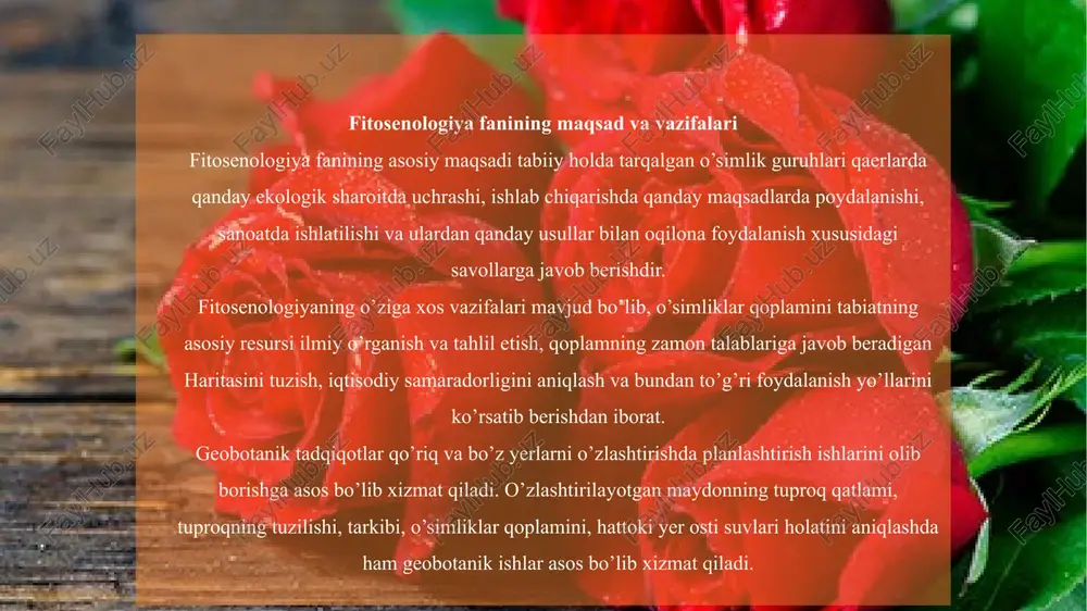 arning yer ostki qismlari va yer ustki qoldiqlaridan yana tuproqqa qaytadi. ayrim o’simliklar yo’sin va lishayniklar tosh va qoyalarning korroziyasiga sabab bo’ladi va shu tariqa tog’ jinslarining o’zgarishi va tuproq hosil bo’lishiga olib keladi. undan tashqari, o’simlik ildizlaridan ajralib chiqadigan moddalar – kislota va mineral birikmalar tuproq eritmasi tarkibini o’zgartiradi. 1.2. o’simliklar qoplamida biogeotsenoz fitosenoz. biogeotsenozlarga xos xususiyatlar. biogeotsenozlar bir qator xususiyatga ega bo‘lib, bu xususiyatlar ularning uzoq muddat davomida barqarorligini ta’minlaydi. bu xususiyatlarga biogeotsenozlarning o‘z-o‘zini yaratishi (tiklashi), barqarorligi, o‘z-o‘zini boshqarishi, rivojlanishi va ekologik suksessiya (ekosistemalarning almashinishi) kabilar kiradi. biogeotsenozlarning o‘z-o‘zini yaratish xususiyati deyilganda biogeotsenoz tomonidan energiya oqimining yo‘naltirilishi tirik organizmlar va anorganik tabiat o‘rtasidagi moddalar va energiyaning biologik aylanishini ta’minlash tushuniladi. produtsentlar tomonidan o‘zlashtiriladigan quyosh energiyasi, suv va anorganik moddalar organik birikmalar shaklida to‘planib, biogeotsenozning tirik tarkibiy qismlarining hayotiy jarayonlari uchun sarflanadi. xulosalar insoniyat paydo bo‘lgandan boshlab atrof-muhit, o‘simliklar va hayvonot olami, tabiatda sodir bo‘ladigan hodisa va jarayonlarning sirli …