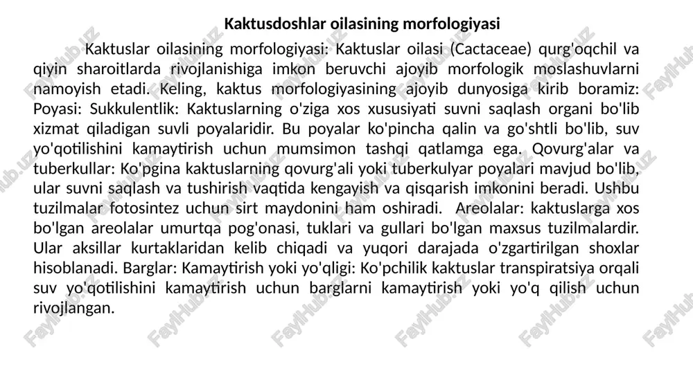 eladigan o'simliklar "boshqa sukkulentlar" deb ataladigan vakillaridir. biroq, amerika tarqatish uchun bir istisno mavjud, rhipsalis baccifera ; bu tur pantropik tarqalishga ega bo'lib, qadimgi dunyo tropik afrika , madagaskar va shri-lankada , shuningdek, tropik amerikada uchraydi. bu o'simlik qadimgi dunyoda (so'nggi bir necha ming yil ichida) nisbatan yaqinda kolonist bo'lgan, ehtimol, ko'chib yuruvchi qushlarning ovqat hazm qilish traktida urug ' sifatida olib borilgan . ko'pgina boshqa kaktuslar odamlar tomonidan kiritilgandan so'ng, dunyoning boshqa qismlarida shunga o'xshash muhitga tabiiylashgan. kaktuslar turli xil shakl va o'lchamlarga ega. eng balandi shimoliy meksikadagi pachycereus pringlei boʻlib, maksimal qayd etilgan balandligi 19,2 metr (63 fut) (salak 2000) va eng kichigi janubiy amerikadagi blossfeldia liliputiana boʻlib , uning etukligida diametri atigi 1 sm (0,4 dyuym) boʻladi. mauset 2007). eng kichik kaktuslar deyarli butunlay er ostida yoki toshlar orasidagi yoriqlarda o'sadi. aksariyat turlar o'rta bo'lib, butalar hisoblanadi, eng kattalari esa daraxtlar hisoblanadi . ba'zi kaktuslar daraxtlarning shoxlarida …