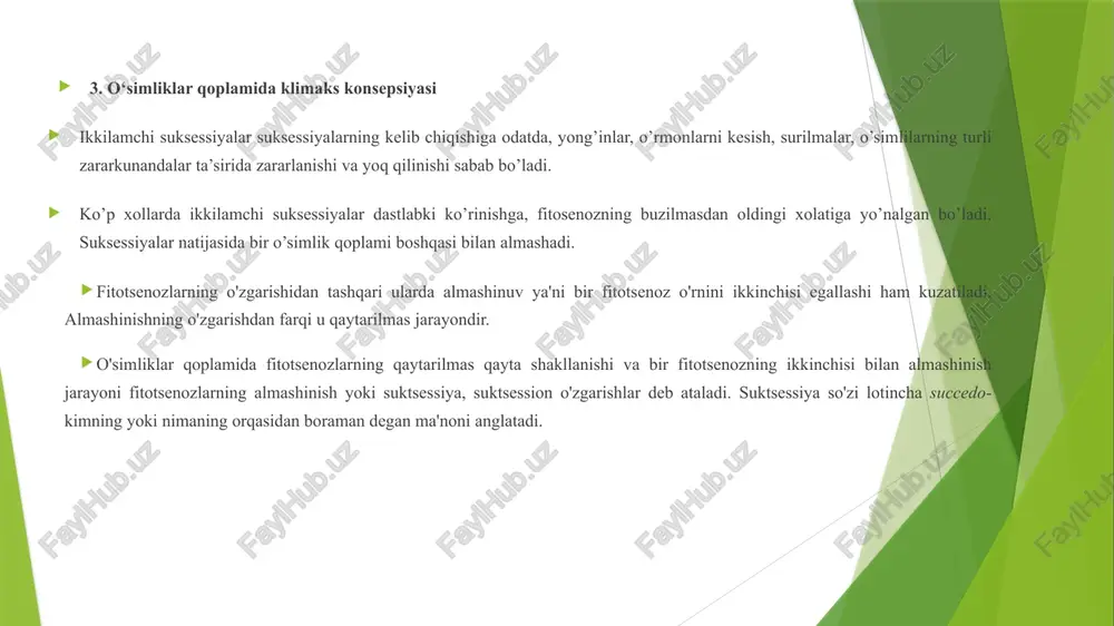 ye. n. pavlovskiy va g. a. novikov 1950 yilda ta’rif berib, biotsenoz tabiiy holda yoki insonning ta’siri natijasida hosil bo’ladi,-degan edi. lekin biotsenozga kiradigan organizmlar bir biri bilan bog’liq holda rivojlanadi. o’simliklar, hayvonlar va mikroorganizmlarning yer yuzasining ozmi-ko’pmi bir xil sharoitlarga ega bo’lgan joylarda yashaydigan, nisbatan barqaror turkumlari b i o t s e n o z l a r deyiladi. 2.1. o’simliklar qoplamida fitosenologiya fitosenologiya (phyton-o’simlik, senosis-umumiy va logos-fan) yer yuzidagi o’simliklar jamoasi haqidagi fan. geobotanika deganda fitotsenologiyaning sinonimi yoki fitotsenologiya bilan botanik geografiyaning majmuasi yoki fitotsenologiya, botanik geografiya va o’simliklar geografiyasi kabi bo’limlarning umumiy majmuasi tushuniladi. fitotsenologiya termini 1918 yilda daniyalik olim gams tomonidan taklif etilgan. shundan buyon bu so’z geobotanika so’zining sinonimi sifatida ishlatilib kelinmoqda. u botanika va geografiya fanlarining ajralmas bir qismi bo’lib, o’simliklarning yer yuzida tarqalishi va joylashish qonuniyatlarini o’rganadi. boshqacha qilib aytganda, yer sharida tarqalgan o’simliklar jamoasi va undagi qavmlar (fitotsenozlar) ning tuzilishi, tarkibi …