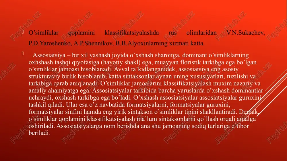 si yuksak o’simliklar (sormovionta) yuksak o’simliklarning ko’pchiligi vegetativ organlarga (poya, barg, ildiz) ega bo’lishi va shuningdek, markaziy silindr - o’tkazuvchi to’qimalarining bo’lishi, hamda maxsus urg‘ochi jinsiy organ - arxegoniyni bo’lishi bilan xarakterlanadi. gulli yoki - yopiq urug‘li o’simliklar (magnoliyatoifa esa urug‘kurtakga ega bo’lishi va meva hosil qiladigan organ - gulning bo’lishi bilan xarakterlanadi. yuksak o’simliklar uzoq davom etgan evolyusion taraqqiyot natijasida asta - syokin quruqlikka moslashaborgan. natijada vegetativ organlari murakkablasha borgan. lyokin, yuksak o’simliklarga kiritilga moxlar yoki yo’sintoifa bo’limi vakillari ildizga, markaziy o’tkazuvchi to’qimalarga ega emas va ularning ko’pchilik vakillari tallomli o’simliklar hisoblanadi. bu bo’limning yuksak o’simliklar bo’limiga qo’shilishiga sabab, ularda ham urg‘ochi jinsiy organ - arxegoniyning bo’lishidir. yuksak o’simliklar quyidagi asosiy bo’limlarga bo’lanidi. 1. yo’sintoifa bo’limi (bryophyta). 2. psilofittoifalar yoki rinofittoifa bo’limi (rsilophyta, rhniophyta). 3. psilottoifa bo’limi (psilotophyta). 4. plauntoifa bo’limi (lycopodiophyta). 5. qirqbo’g‘intoifa bo’limi (eguisetophyta). 6. qirqquloqtoifa bo’limi (pterophyta). 7. qarag‘aytoifa (ochiq urug‘lilar) bo’limi (pinophyta). 8. magnoliyatoifa yoki …