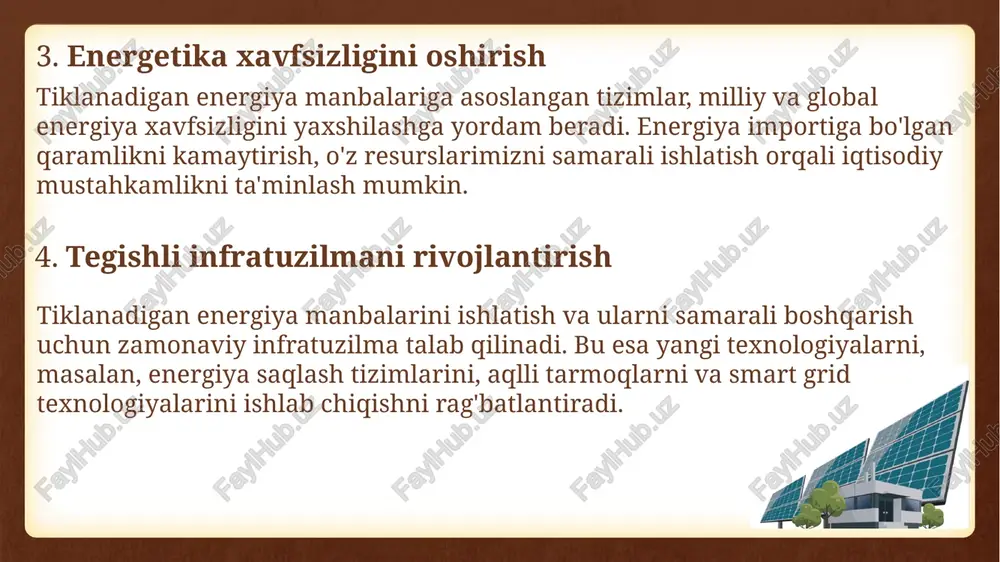 iyozlari beriladi, kreditlar, soliqlar va sotish uchun imtiyozlar beriladi (1000 so‘m). foydalanish asoslari 1. atrof-muhitni asl holatida saqlash va ekologik ta’minlash xavfsizlik; foydalanish imkoniyatlari 2019-yil 3-maydagi "qayta tiklanuvchi energiya manbalaridan foydalanish to‘g‘risida"gi qonun (539-son); yaponiya "yashil energetika"ni davlat tomonidan qo‘llab-quvvatlashda dunyo miqyosida yetakchi davlatlardan biridir. yaponiyaning yashil energetika sohasidagi tajribasi ko‘plab mamlakatlar uchun o‘rnak bo‘lishi mumkin. bu tajribada bir nechta asosiy omillarni ko‘rsatish mumkin: 2011-yilda fukusima yadroviy falokati yuz berganidan so‘ng, yaponiya o‘zining energetika siyosatini qayta ko‘rib chiqdi va qayta tiklanadigan energiyaga, shu jumladan quyosh va shamol energiyasiga qaratilgan strategiyalarni ishlab chiqqan. subsidiyalar va soliq imtiyozlari energiya samaradorligi bo‘yicha qonunchilik yaponiya o‘zining strategik rejasini ishlab chiqib, yashil energiya sohasini kengaytirishni davom ettirmoqda. 2050-yilga kelib, yaponiya "karbonsiz" energiya ishlab chiqarish bo‘yicha global maqsadlarga erishishni rejalashtirmoqda. qayta tiklanuvchi energiya manbalari jahonda quyosh energiyasidan foydalanish quyosh panellari yaponiyada o‘rnatildi quyosh panellari kaliforniyada o‘rnatilgan quyosh panellari yaponiyada o‘rnatilgan germaniya: energiyaga o‘tish (energiewende) germaniya o‘zining …