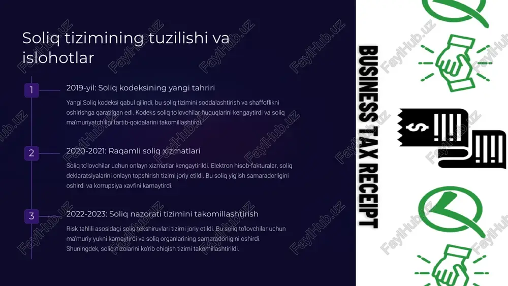 ishiga qarshi kurashish, soliq ma'lumotlari almashinuvini yaxshilash va xalqaro soliq raqobatini tartibga solishga qaratilgan. oecd va boshqa xalqaro tashkilotlar bilan hamkorlik kuchaytiriladi. 10 thank you for watching. image1.png image2.png image3.png image4.jpeg image5.jpeg image6.png image7.png image8.png image9.png image10.png image11.png image12.jpeg image13.png image14.png image15.png