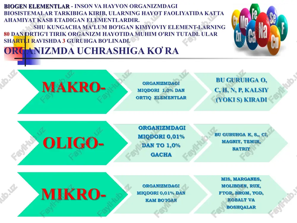 odam organizmi uchun zaharlidir. bariy silliq mushaklarga ta’sir etadi, qon bosimini orttiradi, yurak urishini tezlashtiradi, onkologik kassaliklarni keltirib chiqaradi. organizmda bariy miqdori ortsa, gastroenterit va leykotsitoz kuzatiladi. ba ~ ca ning antagonisti hisoblanadi va kalsiy yetishmasligidan suyaklar deformatsiyasi va sinuvchanligi ortib bariyli rahit rivojlanadi. f ning suv havzalaridagi miqdori 0,5mg/l ni tashkil qiladi. f fermentlar faolligiga va vitaminlarning almashinuviga ta’sir ko’rsatadi. br odam organizmida 0,2 gr ni tashkil qiladi. u organizmda bir xil tarqalgan bo’lib, qonda, qalqonsimon bezda, me’da shilliq qavatida uchraydi. uning biologik ahamiyati o’rganilganda u odamning asab sistemasining ish faoliyatiga katta ta’sir ko’rsatadi. j organizmda kam miqdorda bo’lishiga qaramasdan organizm faoliyatidagi asosiy elementlardan hisoblanadi. u qalqonsimon bez gormonlarini ishlab chiqarishda va almashinishida ishtirok etadi. odam organizmida taxminan uning miqdori 11 mg ni tashkil qiladi. j ning 10 mg miqdori qalqonsimon bezda yig’iladi. agar odam organizmida yodning miqdori kamaysa odam tez-tez shamollaydigan bo’lib qoladi. flyuoroz – ftor bug`lari bilan …