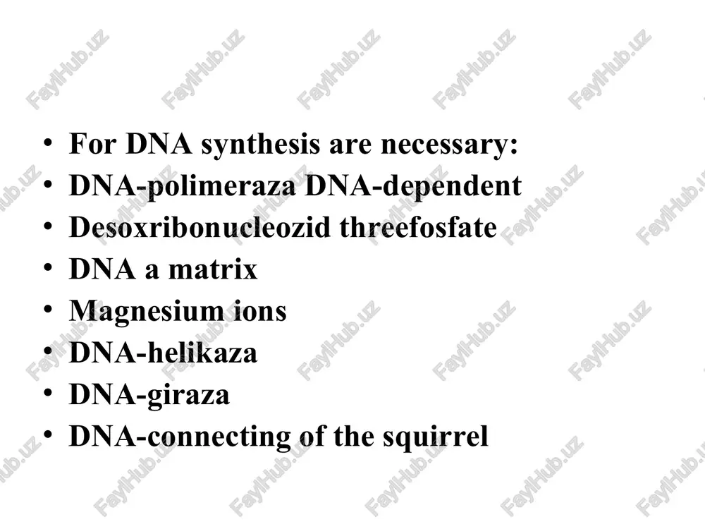 i. gya-rnk – soderjitsya v yadre kletok eukariot. rnk - u nekotorix vidov virusov (retrovirusi) slujit nositelem geneticheskoy informatsii. transkriptsiya transkriptsiya – protsess perepisivaniya chasti geneticheskoy informatsii s dnk na m-rnk. eto biosintez tsepi m-rnk, nukleotidnaya posledovatelnost kotoroy komplementarna uchastku na odnoy iz tsepey dnk. m-rnk postupaet v ribosomi, slujit matritsey i napravlyaet sintez odnogo ili neskolkix belkov. dnkga yozilgan genetik axborotning rnkga kochirilishi va rnkdan ribosomalarga otkazish jarayoniga transkripsiya deb aytiladi dnkning transkripsiya qilinadigan bolagiga transkripton deb ataladi. unda 300dan 108 gacha nukleotidlar boladi. transkriptonda quyidagi qismlar tafovut etiladi: promotor akseptor qism struktur genlar terminator qism transkripsiya 3 bosqichda kechadi: initsiatsiya elongatsiya terminatsiya transkriptsiya u prokariot i eukariot transkriptsiya proxodit v 3 etapa: initsiatsiya –nachalo sinteza, prisoedinenie rnk-polimerazi k promotoru - uchastku dnk, ukazivayushemu na nachalo transkriptsii. elongatsiya – posledovatelnoe prisoedinenie svobodnix nukleotidov k matritse - dnk po printsipu komplementarnosti osnovaniy, t.e., rost tsepi m-rnk. terminatsiya – zavershenie biosinteza …