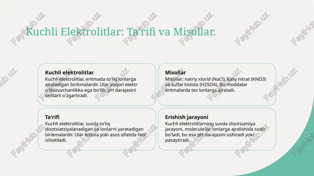 , sanoatda va laboratoriya sharoitida muhim rol o'ynaydi, ph nazoratini ta'minlaydi. kuchsiz elektrolitlar: tushuncha va ahamiyati. kuchsiz elektrolitlar kuchsiz elektrolitlar, suvda qisman ionlashadigan birikmalar bo'lib, ularning disotsiatsiya darajasi kuchli elektrolitlarga nisbatan pastdir. kimyoviy xususiyatlar kuchsiz elektrolitlar, masalan, ammoniy karbonat kabi, suvda ionlarga ajraladi, lekin ularning ionlashish darajasi past bo'lishi bilan ajralib turadi. amaliy ahamiyati kuchsiz elektrolitlar biologik jarayonlarda muhim rol o'ynaydi, masalan, organizmning kislota-asos muvozanatida va oziq-ovqat sanoatida qo'llaniladi. kuchsiz elektrolitlar va ularning ph darajasiga ta'siri. kuchsiz elektrolitlar kuchsiz elektrolitlar, suvda qisman ionlashadigan va kuchsiz kislotalar yoki asoslar sifatida xususiyat ko'rsatadigan kimyoviy moddalardir. ph darajasiga ta'siri kuchsiz elektrolitlar ionlashganda vodorod ionlari chiqarib, eritmaning ph darajasini oshiradi. bu, o'z navbatida, kislotali muvozanatni ta'sir qiladi. misollar va xususiyatlar kuchsiz elektrolitlarga misol sifatida ammoniy gidroksidi va sirka kislotalarini keltirish mumkin. ularning ph darajasini o'zgartirish qobiliyati muhim ahamiyatga ega. kuchsiz elektrolitlarning eritmadagi ionlashish jarayoni. 01 kuchsiz elektrolitlar kuchsiz elektrolitlar, eritmada to’liq ionlashmaydigan moddalar bo’lib, …