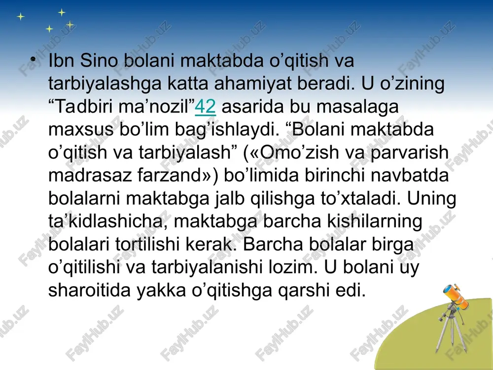 ri mohiyatini buyuk mutafakkir abu nasr forobiyning yozgan sharhi tufayli to`liq o`zlashtirib oladi. ix asr oxiri – x asr boshlariga kelib, o`lkada siyosiy-ijtimoiy vaziyat murakkablashdi. shu tufayli ibn sino xorazmga – urganchga ko`chib o`tadi. xorazmda u bir qator olimlar bilan hamkorlikda abu rayhon beruniy boshqarayotgan «ma`mun akademiyasi»da ilmiy ish bilan shug`ullana boshlaydi. xorazmda o`zining yirik asarlari – «tib qonunlari», «ash-shifo» kitoblari ustida ish olib boradi. mahmud g`aznaviy 1017 yilda xorazmni o`ziga qaram qilib olgach, nufuzli olimlarni ham o`z saroyiga chaqirib ola boshlaydi. ibn sino mahmud g`aznaviy saroyiga bormay, boshqa yurtlarga ketishga majbur bo`ladi. gurganjda, rayda, keyin esa hamadonda va umrining so`nggi yillari isfaxonda yashaydi. ibn sino 1037 yilda vafot etdi. ibn sino haqiqiy qomusiy olim sifatida o`z davridagi fanlarning hammasi bilan muvaffaqiyatli shug`ullangan va ularga oid ilmiy asarlar yaratgan. turli manbalarda uning 450 dan ortiq asarlari qayd etilgan bo`lsa ham. abu ali ibn sinoning «al-qonun», «hayy ibn yaqzon», «risolat at …