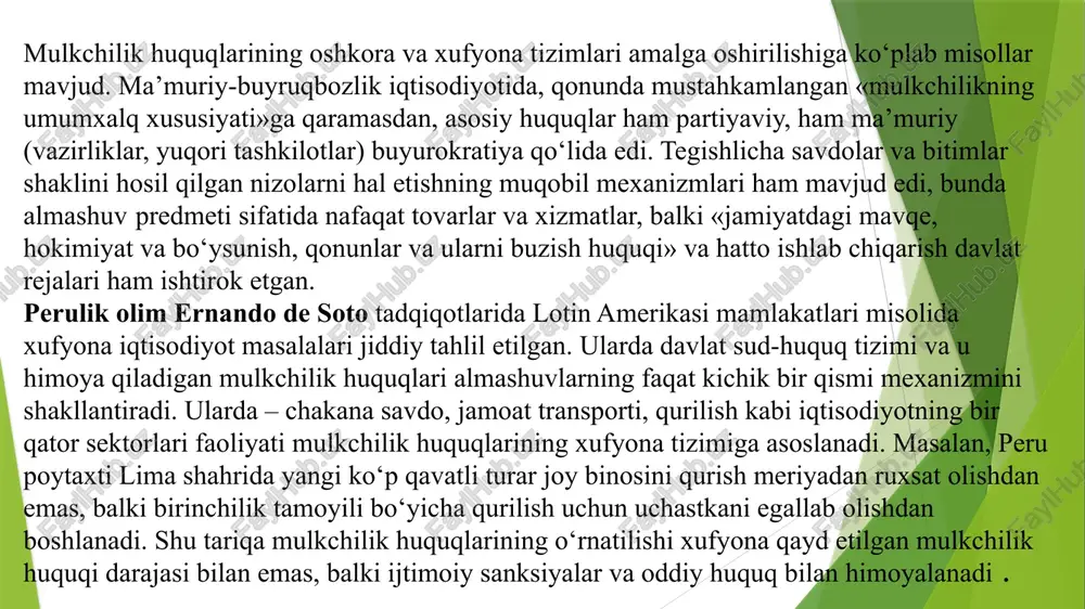 istika organlarining talablariga ko‘ra, belgilangan institutsional qoidalarni chetlab o‘tuvchi iqtisodiy faoliyat turidan tarkib topgan. bu yerda davlat milliy statistika tizimida ro‘yxatga olinmagan daromad summasi asosiy ko‘rsatkich hisoblanadi. e. faygning fikriga ko‘ra, ro‘yxatga olinmagan daromad – bu amaldagi umumiy daromad bilan statistika tizimi tomonidan qayd etiladigan daromad o‘rtasidagi farqdir. rivojlanayotgan mamlakatlarda uyda ishlab chiqarish ro‘yxatga olinmagan iqtisodiy faoliyatning muhim tarkibiy qismlaridan biri hisoblanadi. milliy daromadni hisoblash metodikasi uyda ishlab chiqarishning milliy hisobga kiritilishini nazarda tutsa-da, mazkur sektor, odatda, uni o‘lchashning qiyinligi tufayli, e’tibordan chetda qoladi. e. faygning ta’kidlashicha, uyda ishlab chiqarishning mavjud baholari shuni ko‘rsatmoqdaki, u rivojlangan mamlakatlarda ro‘yxatga olingan yaimning 25-50 foizini tashkil qiladi. ta’kidlash lozimki, hisobga olinmagan va ro‘yxatga olinmagan iqtisodiyot o‘rtasidagi farq, yuqorida keltirilgan ta’riflardan kelib chiqib, g‘oyat shartli. agar faoliyat statistika organlari tomonidan ro‘yxatga olinmasa, u hisobga ham olinmaydi. 4. norasmiy iqtisodiyot. norasmiy iqtisodiyot jamiyat foydasini hamda mulkchilik munosabatlarini, litsenziyalashni, mehnat shartnomalarini, moliyaviy kreditlash va ijtimoiy sug‘urtalash …