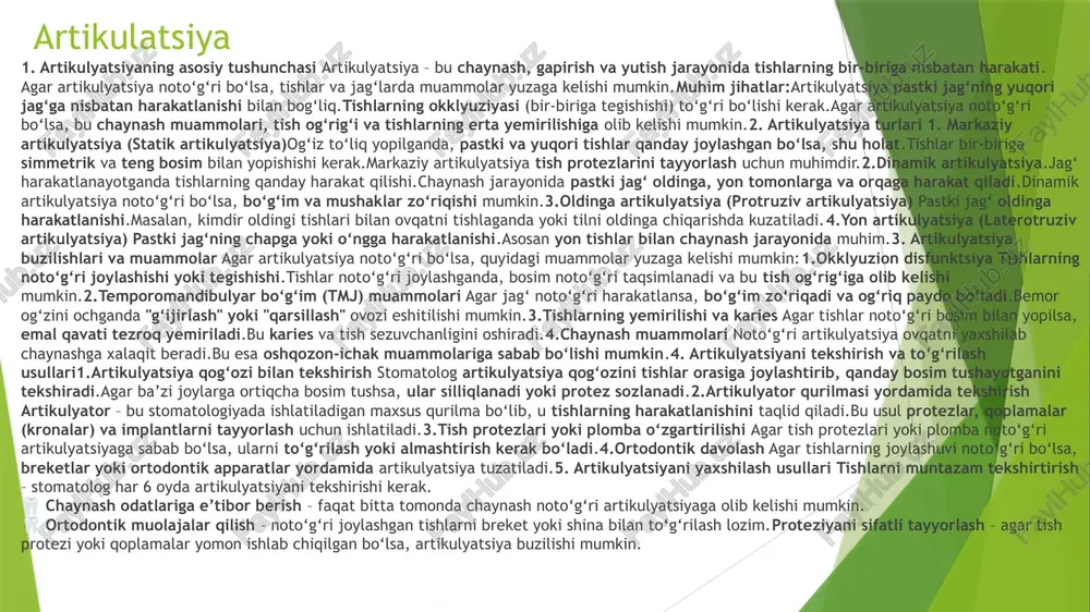 yanada takomillashdi. elektron datchiklar paydo bo‘lishi va tibbiyotda texnologik taraqqiyot tufayli gnatodinamometriya aniqroq va qulayroq bo‘ldi. bugungi kunda zamonaviy gnatodinamometrlar yuqori aniqlikka ega bo‘lib, bosim kuchini real vaqt rejimida o‘lchash, natijalarni tahlil qilish va davolash rejalarini optimallashtirish imkonini beradi. gnatodinamometriyaning tarixi va rivojlanishi gnatodinamometriya tibbiyot va stomatologiya sohasida muhim yutuqlardan biri hisoblanadi. uning rivojlanish bosqichlarini quyidagicha ajratish mumkin:1.1. dastlabki bosqichlar19-asr oxiri – 20-asr boshi: ilk urinishlar tishlarning bosim kuchini mexanik vositalar yordamida o‘lchash bilan bog‘liq bo‘lgan.xx asrning 30-50-yillari: stomatologlar va fiziologlar jag‘ mushaklarining ishlashini tushunish uchun gidravlik va pnevmatik qurilmalardan foydalanishgan.mccollum (makkallum), monson va beytman kabi olimlar gnatologiya fanining asoslarini yaratib, tishlarning bir-biri bilan qanday harakatlanishini va bosim taqsimotini o‘rganishgan.1.2. elektron o‘lchov uskunalarining paydo bo‘lishi1950-1970-yillar: elektron datchiklar bilan jihozlangan ilk gnatodinamometrlar paydo bo‘ldi.1980-1990-yillar: kompyuterlashtirilgan tahlil tizimlari ishlab chiqildi, natijada chaynash kuchining aniq grafik tahlili mumkin bo‘ldi.1.3. zamonaviy texnologiyalar.bugungi kunda lazer va ultratovush texnologiyalari yordamida chaynash bosimi yanada aniqlik bilan o‘lchanadi.3d …
