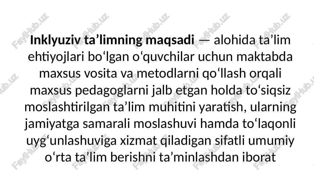 (resurs markaz), 13-, 35-, 45-maktablar); xorazm viloyati urganch shahar (10-maktab (resurs markaz), 8-, 22-maktablar); surxondaryo viloyati termiz shahar (3-maktab (resurs markaz), 4-, 10-maktablar). 17 inklyuziv ta’lim shakllari inklyuziv ta’lim sinfi — maktabdagi alohida ta’lim ehtiyojlari bo‘lgan bolalarning boshqa (sog‘lom) bolalar bilan teng huquqli va birgalikdagi ta’lim olishlari shaklida tashkil etilgan sinf; boshlang‘ich tayanch korreksion sinfi — maktabda alohida ta’lim ehtiyojlari bo‘lgan bolalar uchun alohida tashkil etiladigan boshlang‘ich sinf; 18 inklyuziv ta'limga jalb etiladigan o‘quvchilar inklyuziv ta'limga jalb etiladigan o‘quvchilar: bugungi kunda umumta'lim maktablarida qaysi toifadagi bolalar tahsil olayotganini ko‘rib chiqamiz: eshitishida, ko‘rishida, tayanch harakat a'zolarida, nutqida muammolari bo‘lgan, ruhiy rivojlanishi sustlashgan, yengil darajadagi aqli zaiflik, autizmning yengil darajasi, koxlear implantli bolalar. nutqida og‘ir nuqson-lar bo‘lgan bolalar sanab o‘tilgan bolalarning hususiyatlari quyidagilar: faoliyat sustligi va diqqat tarqoqligi, tovushlar talaffuzida kamchiliklar, nutq zaxirasining yetarli shakllanmaganligi, mayda motorikalarida muammolari bor, emotsional-hissiy holati o‘zgaruvchan, tushuncha va tasavvurlarining cheklanganligi. sanqvam talablariga binoan inklyuziv sinf o‘quvchilarning …
