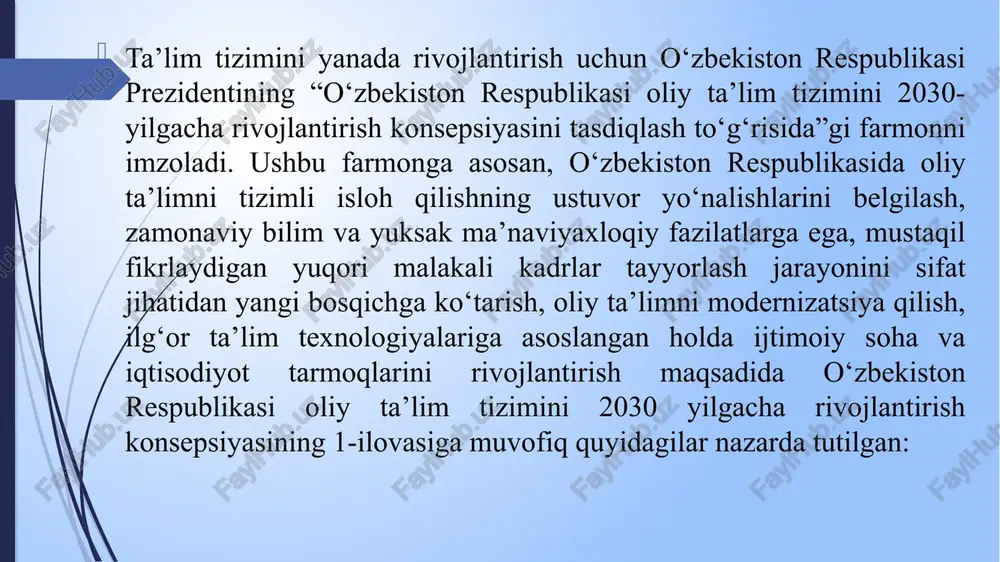 ga olib chiqish vazifasi turibdi. o’tgan yillar davomida ta’lim tizimini isloh qilish jarayonida respublikamizda mustahkam huquqiy, tashkiliy, moddiy-texnik baza yaratildi, bu intellektual salohiyati yuqori va barkamol yosh avlodni o’qitish va tarbiyalashning mazmunini yangilashga ko’maklashdi. mustaqillik yillarida respublikamizda ta’lim-tarbiya tizimi va barkamol avlodni tarbiyalash davlat siyosatining asosiy ustuvor yo’nalishlari darajasiga ko’tarildi. biroq, o’tkazilgan tahlillar ta’lim sohasida olib borilayotgan ishlarning samarasi va natijasi yetarli darajada emasligini ko’rsatmoqda. shu bilan birga, umumiy o’rta va o’rta maxsus, kasb-hunar ta’limi rivojlanishini tahlil qilish natijalari tizimning bugungi kun talablariga javob bermasligini va tub islohotlarga muhtojligini ko’rsatdi. oliy ta’lim tizimida o’z yo’nalishlari bo’yicha dunyoning yetakchi ilmiy-ta’lim muassasalari bilan yaqin hamkorlik aloqalari o’rnatish, o’quv jarayoniga ilg’or xorijiy tajribalarini joriy etish, ayniqsa, istiqbolli pedagog va ilmiy kadrlarni xorijning yetakchi ilmiy-ta’lim muassasalarida stajirovkadan o’tkazish va malakasini oshirish borasidagi ishlar yetarli darajada olib borilmayapti. tahlillarning ko’rsatishicha, oxirgi yillarda o’qituvchilar, pedagoglar va tarbiyachilarning kattagina qismi yaxshi tayyorgarlik ko’rmaganligi, ularning bilim va kasb …