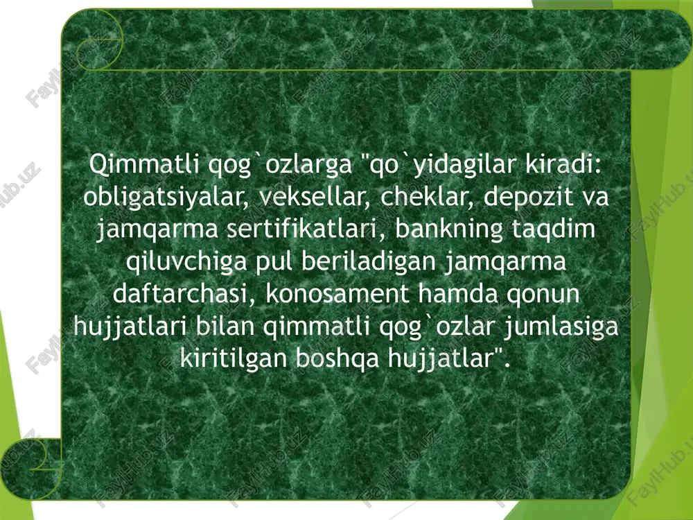 vidatsion qiymat belgilansa, har bir imtiyozli aksiyalarga toʻlanadigan likvidatsion qiymat toʻlanish navbati belgilanishi lozim. imtiyozli aksiyalar kumulyativ va nokumulyativ boʻlishi mumkin kumulyativ imtiyozli aksiyalar imtiyozli aksiyalar boshqa turlari orasida keng tarqalgan aksiyalardir. kumulyativ aksiyalar emissiya qilinayotganida jamiyat ustavida belgilanishi lozim boʻlgan ular boʻyicha toʻlanmagan yoki toʻliq toʻlanmagan dividendlar miqdori jamgʻarilib boriladi va keyinchalik toʻlanadi. emitent tomonidan ushbu aksiyalar boʻyicha navbatdagi toʻlanmagan dividendlarni toʻlovni amalga oshirmasligi majburiyatlarni buzganlik deb qaralmaydi. nokumulyativ imtiyozli aksiyalar boʻyicha toʻlanmagan dividendlarni jamgʻarib borish mumkin emas. agar aksiyadorlik jamiyati nokumulyativ imtiyozli aksiyalar boʻyicha dividendlar toʻlashni eʼlon qilmagan boʻlsa, aksiyadorlar hech qanday kompensatsiya (aksiya uchun qoplamalar)siz dividendlarni yoʻqotadi. aktsiyada ko`rsatilgan pul summasi nominal qiymat, deb nomlanadi. aktsiya sarmoyadorga birinchi marta sotilganidan keyin bu qiymat aktsiyaning fond bozoridagi keyingi qarakati uchun qech qanday jiddiy ahamiyatga ega emas va ulush sarmoyasi hajmini tavsiflagan holda axborot xususiyatiga ega bo`ladi. aktsiyalarga nominal qiymatning belgilanishi fond bozori endigina rivojlanib borayotgan o`zbekiston uchun ham …