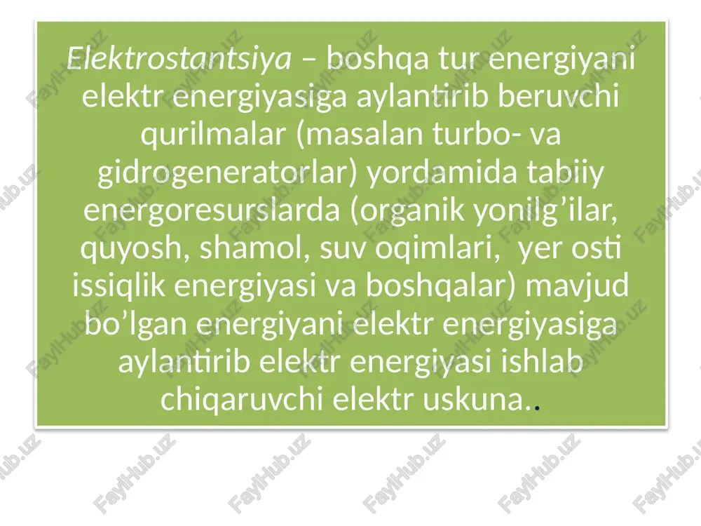 lchilarni elektr energiyasi bilan ta’minlaydi. nima uchun uzoq masofaga elektr energiyasini uzatish uchun yuqori kuchlanish kerak bo’ladi? ma’lumki uch fazali tokning quvvati kuchlanish va tok i miqdoriga to’g’i proportsional bog’langan: cosφ elektr uzatish tarmoqlardagi quvvat isroflari ham tok kattaligiga to’g’ri proportsional bog’langan: ∆p=3*u²•i respublikamizda xozirda uzoq masofalarga uzatish uchun kuchlanishi 110, 220, 330, 500 kv bo’lgan elektr uzatish liniyalari mavjud. ular magistral elektr tarmoqlari xizmati ixtiyorida. respublikamizda jami 272100 ming km dan ortiq elektr uzatish tarmoqlar bo’lib, ulardan: 500 kv kuchlanishli tarmoqlar – 2600 kmdan ortiq 220 kv kuchlanishli tarmoqlar - 6300 kmdan ortiq 110 kv kuchlanishli tarmoqlar - 7500 kmdan ortiq 35 kv kuchlanishli tarmoqlar - 13600 kmdan ortiq 6-10 kv kuchlanishli tarmoqlar -104100 kmdan ortiq 0,4 kv kuchlanishli tarmoqlar -138000 km ni tashkil qiladi. ulardan tashqari farg’ona vodiysi viloyatlari bir region, shimoliy-g’arbiy region - xorazm viloyati va qoraqalpoq elektr tarmoqlari, ikkinchi region, uchinchi region qashqadaryo, surxondaryo viloyatlari tarmoqlari …