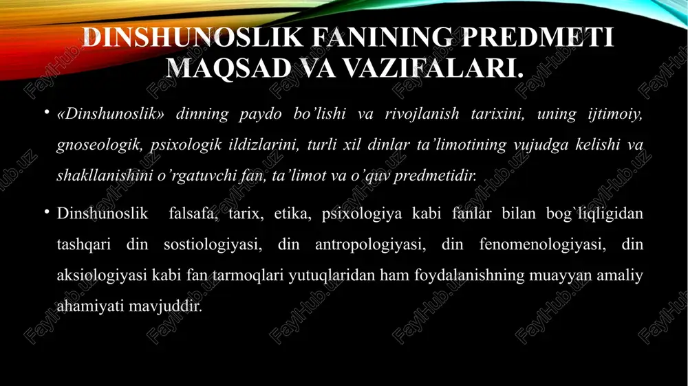 bo`lguncha bo`lgan dinlar. qadimgi dinlar – qadimgi davlatlarda paydo bo`lgan dinlar. qadimgi dinlar o`z navbatida ko`pxudolik va yakkaxudolikka asoslanadi. milliy dinlar: yahudiylik, hinduiylik, sintoiylik va hakazo. jahon dinlari: buddaviylik, xristianlik, islom. yangi dinlar: bahoiylik, tenri va hakazolar. etnik tasnif. urug`-qabila dinlari – totemistik, animistik tasavvurlarga asoslangan, o’z urug`idan chiqqan sehrgar, shaman yoki qabila boshliqlariga sig`inuvchi dinlar. ular millat dinlari va jahon dinlari ichiga singib ketgan bo’lib, hozirda avstraliya, janubiy amerika va afrikadagi ba’zi qabilalarda saqlanib qolgan; millat dinlari – ma’lum millatga xos bo’lib, boshqa millat vakillari o’ziga qabul qilmaydigan dinlar. ularga yahudiylik (yahudiy millatiga xos), hinduizm (hindlarga xos), konfutsiychilik (xitoy millatiga xos), sintoizm (yaponlarga xos) kiradi; jahon dinlari – dunyoda eng ko’p tarqalgan, kishilarning millati va irqidan qat’inazar unga e’tiqod qilishlari mumkin bo’lgan dinlar. ular safiga odatda buddizm, xristianlik va islom dinlarini kiritadilar. jahon dinlariga faol misseonerlik va targ`ibot-tashviqot o`tkazish xos bo`lib, ular turli millat va elat, ijtimoiy tabaqaga mansub …